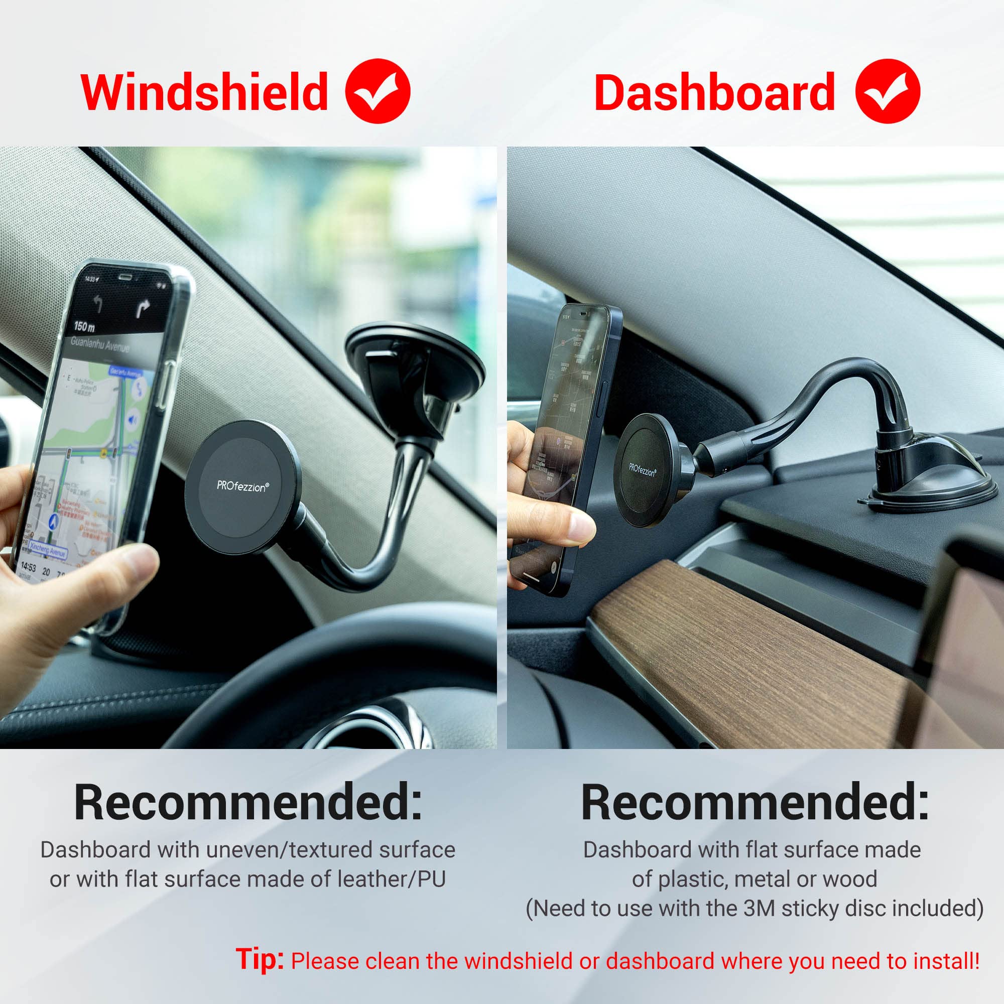 Profezzion Suction Cup & Vent Clip Combo Magnetic Phone Holder Compatible With Magsafe On Car Windshield, Dash Or Vent For Iphon