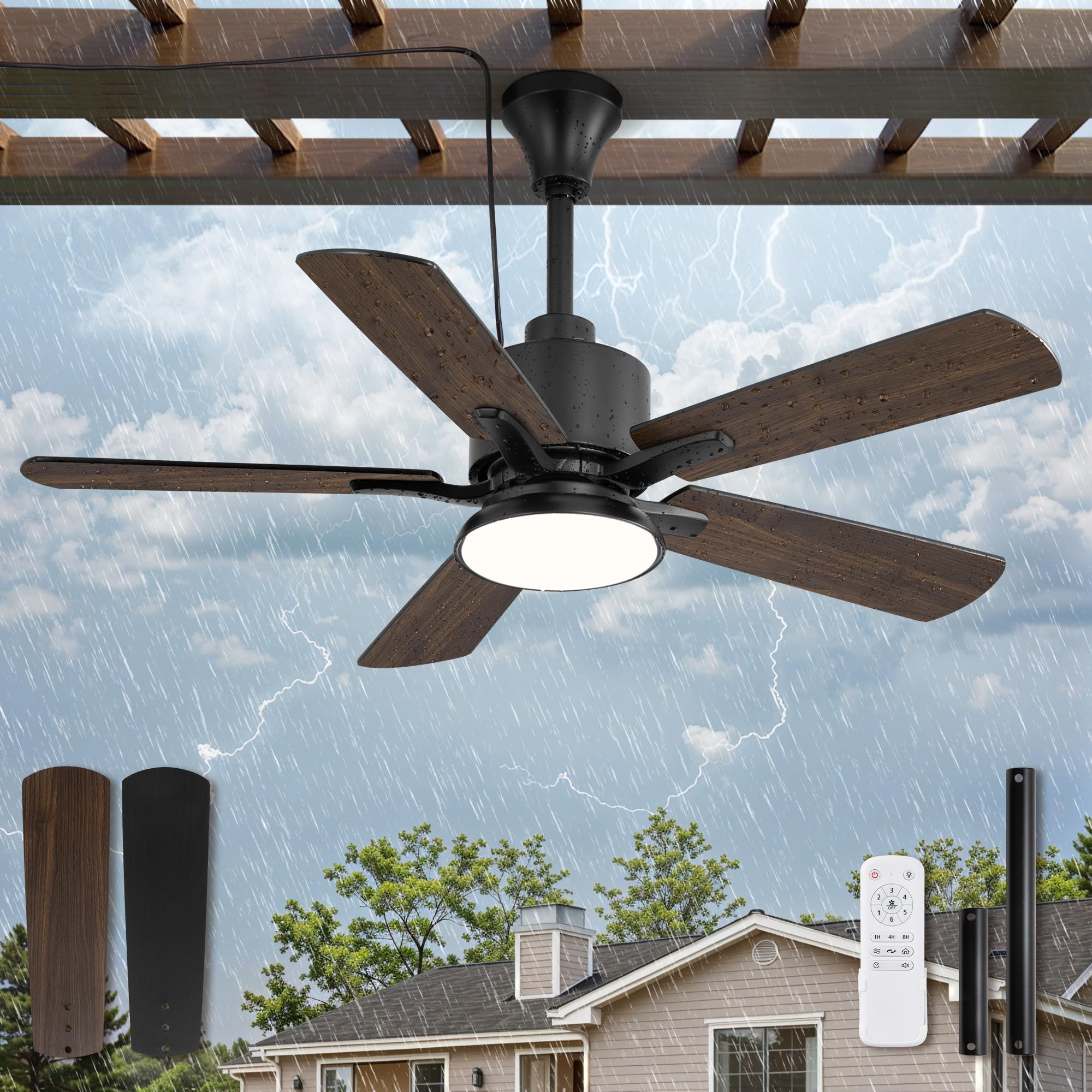 Fanbulous 42'' Outdoor Ceiling Fans With Light For Patios, Ip65 Waterproof Gazebo Fan, Plug In Ceiling Fan With Remote, 3Cct 6-S