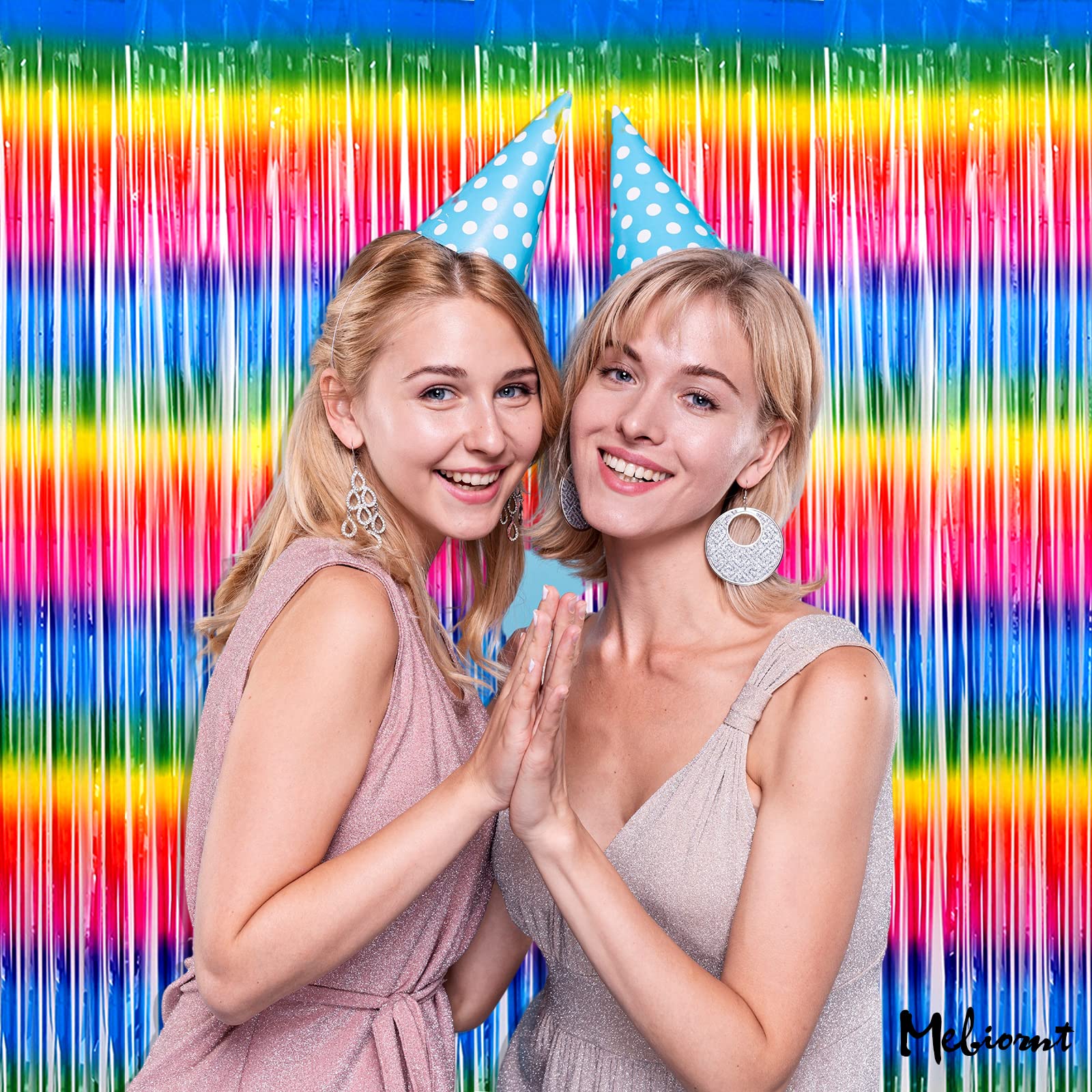 4 Pack Rainbow Fringe Curtain Backdrop, 3.2Ft X 8.2Ft Metallic Tinsel Foil Fringe Streamers Curtains Background For Photo Booth