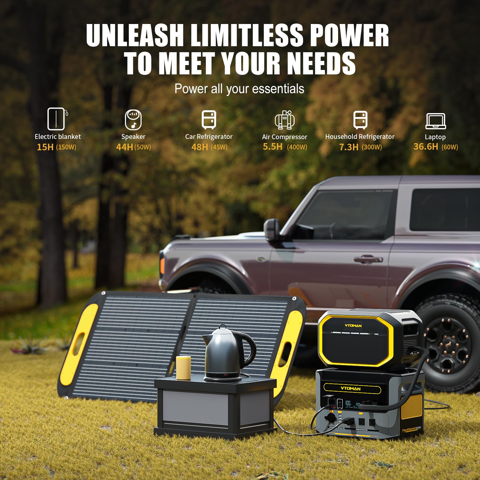 Vtoman Flashspeed 2376Wh Portable Power Station Bundle (Extra Battery&110W Solar Panel Included) 1000W Lifepo4 Battery Solar Gen