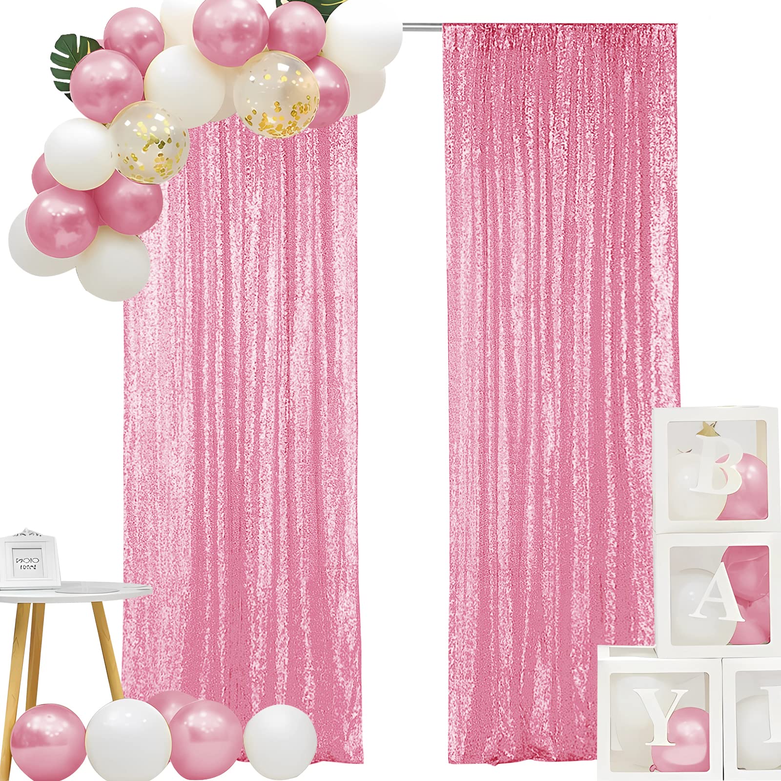 Hahuho Pink Sequin Backdrop Curtain, 2Pcs 2Ftx8Ft Glitter Backdrop Curtain For Parties, Christmas, Wedding, Banquet Decoration(2