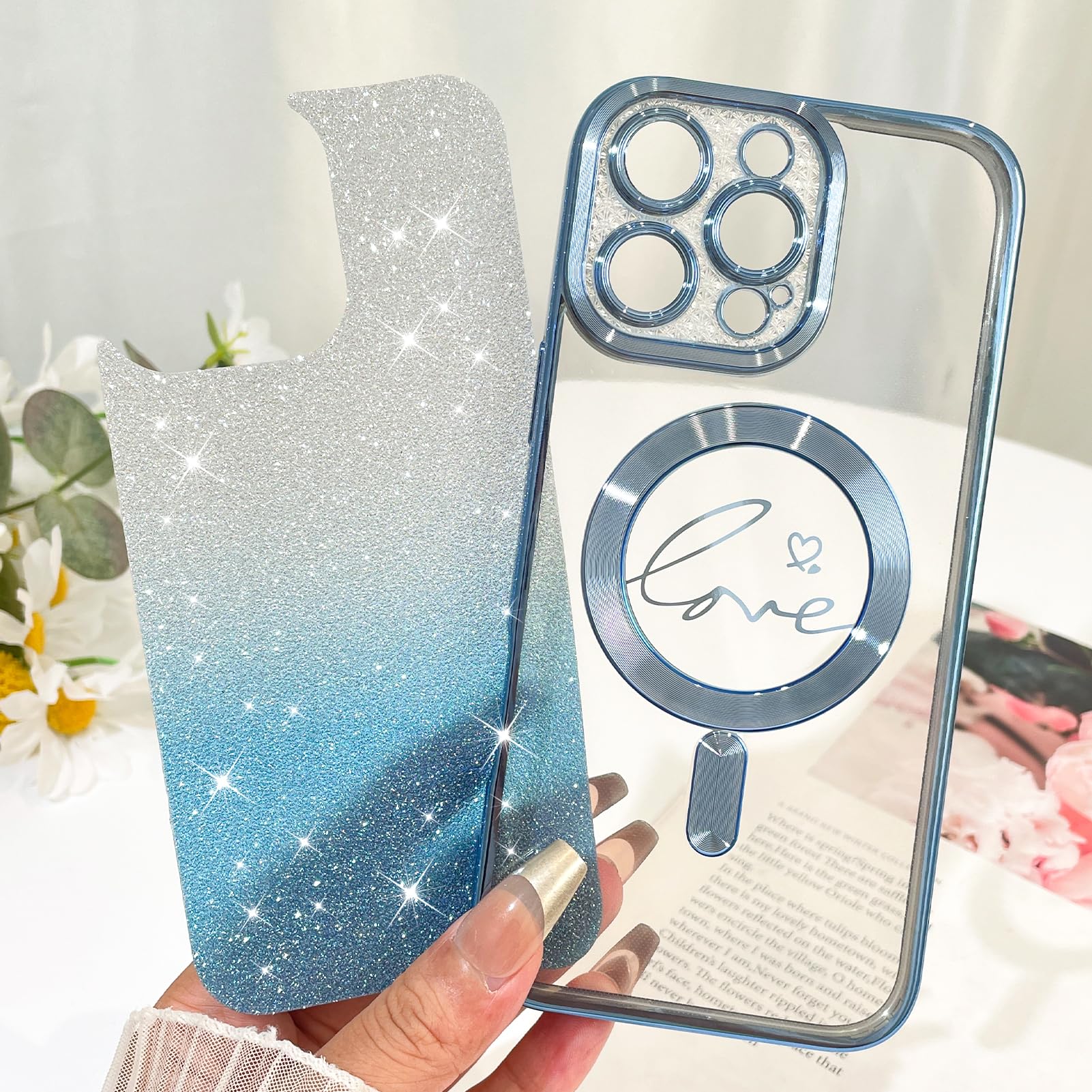 Fiyart Designed For Iphone 16 Pro Case,Compatible With Magsafe Love Hearts Plating Camera Protection Clear Phone Case, Magnetic