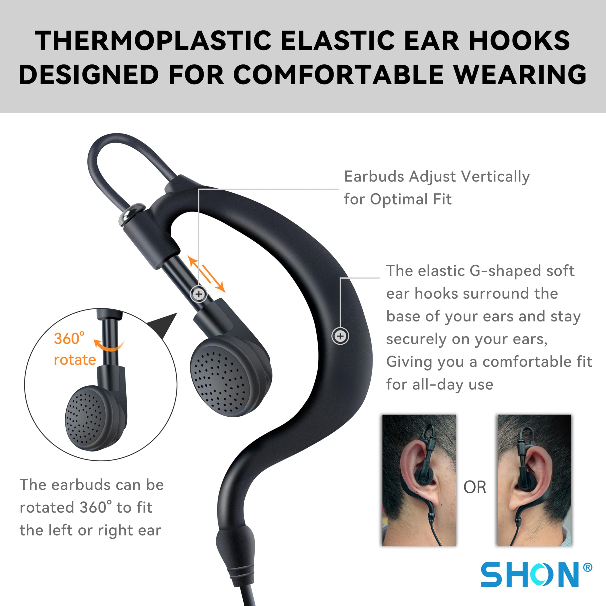 Shon Walkie Talkie Earpiece With Mic, 2Pin Ear Hook Sponge Ear Cushions Two Way Radios Compatible With Kenwood Baofeng And Retev