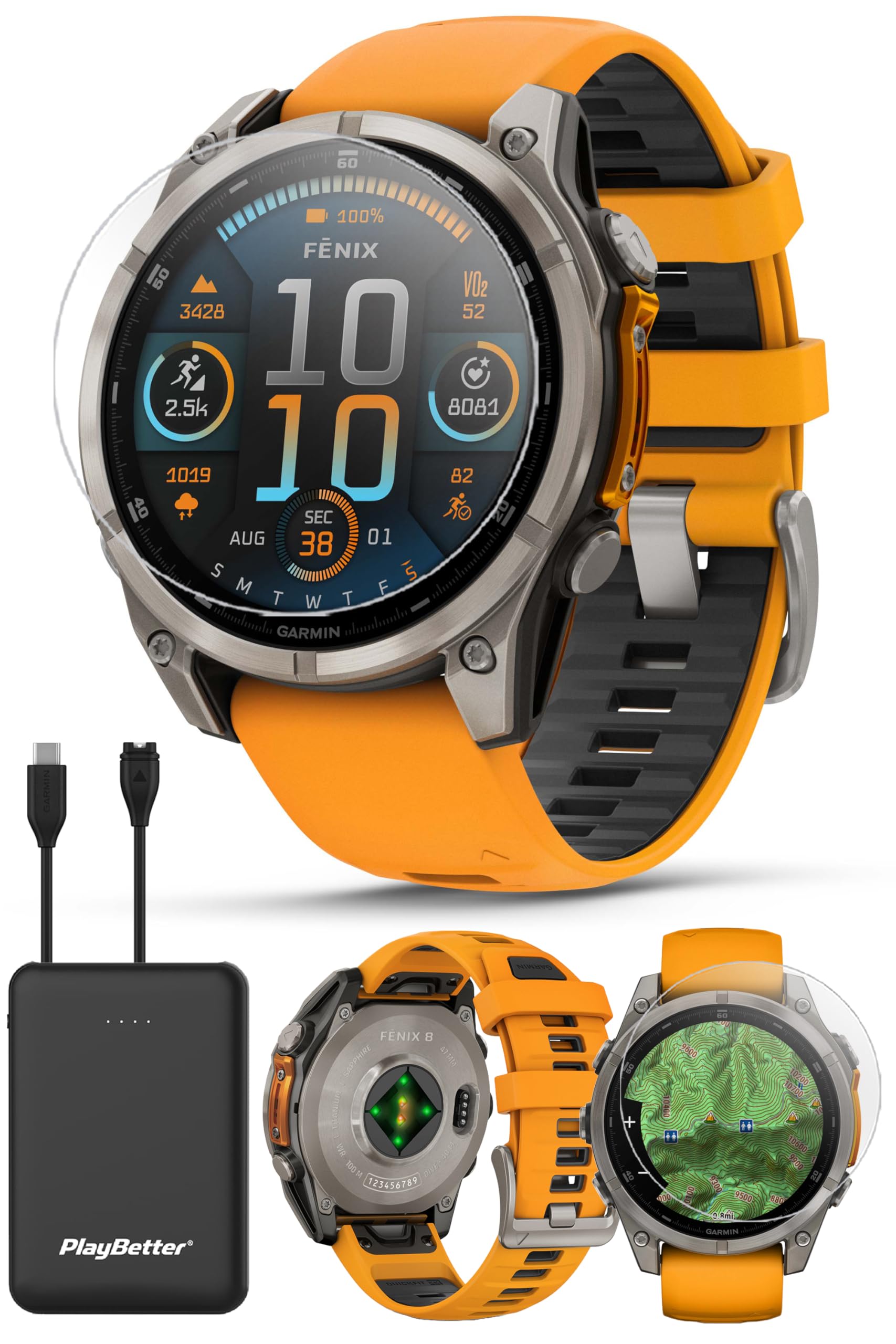 PlayBetter Garmin Fenix 8 AMOLED Sapphire (47mm, Titanium/Spark Orange) Multisport GPS Smartwatch Bundle - 1.4    Touchscreen, B