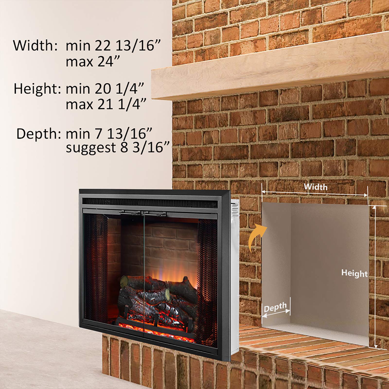 Puraflame Klaus Electric Fireplace Insert With Fire Crackling Sound Glass Door And Mesh Screen, 750/1500W, Black, 22 13/16 Wide,