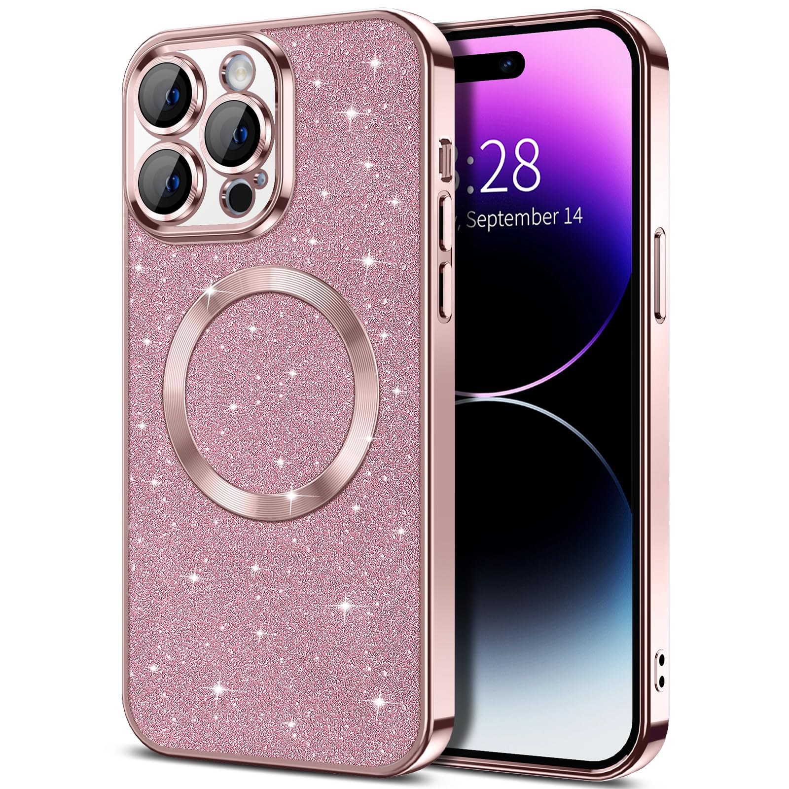 Hython For Iphone 14 Pro Max Case Glitter, Clear Magnetic Phone Cases With Camera Lens Protector [Compatible With Magsafe] Bling