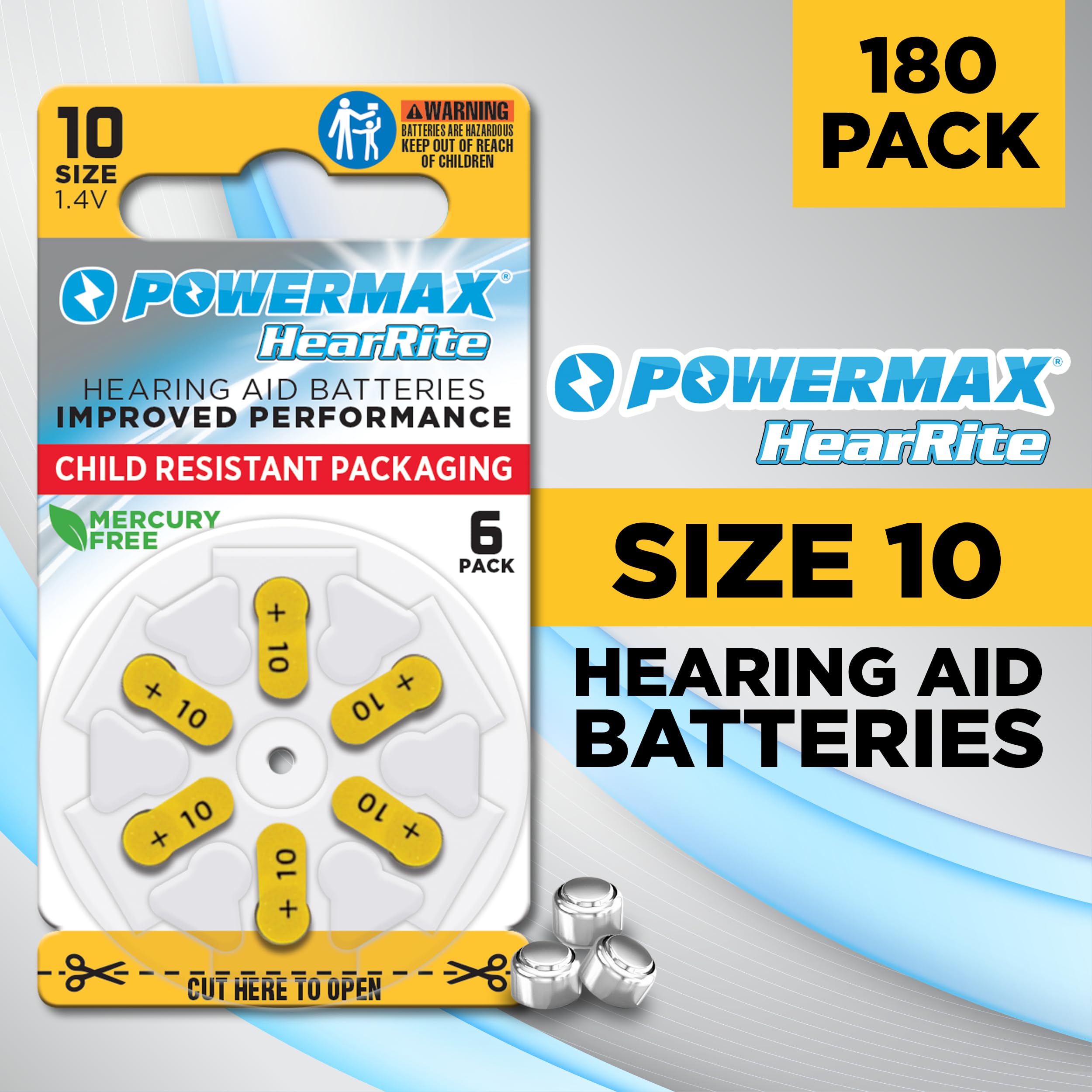 Powermax Size 10 Hearing Aid Batteries, 180 Count Long Lasting Battery Pack, Yellow Long Tab For Easy Change