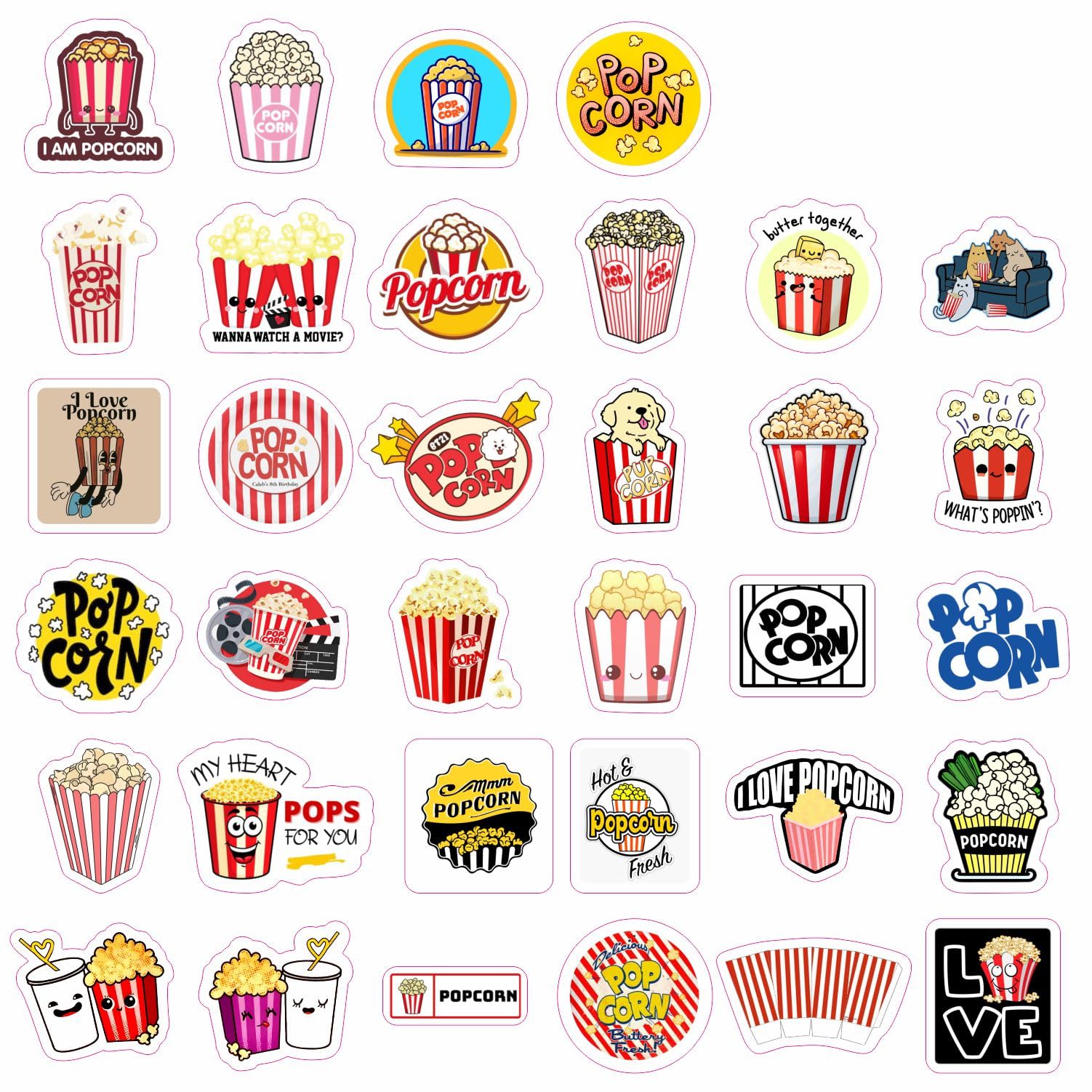 Popcorn Stickers For Water Bottle And Laptop   Popcorn Party Favors & Decorations, Waterproof Vinyl Decals, Movie Night And Snac