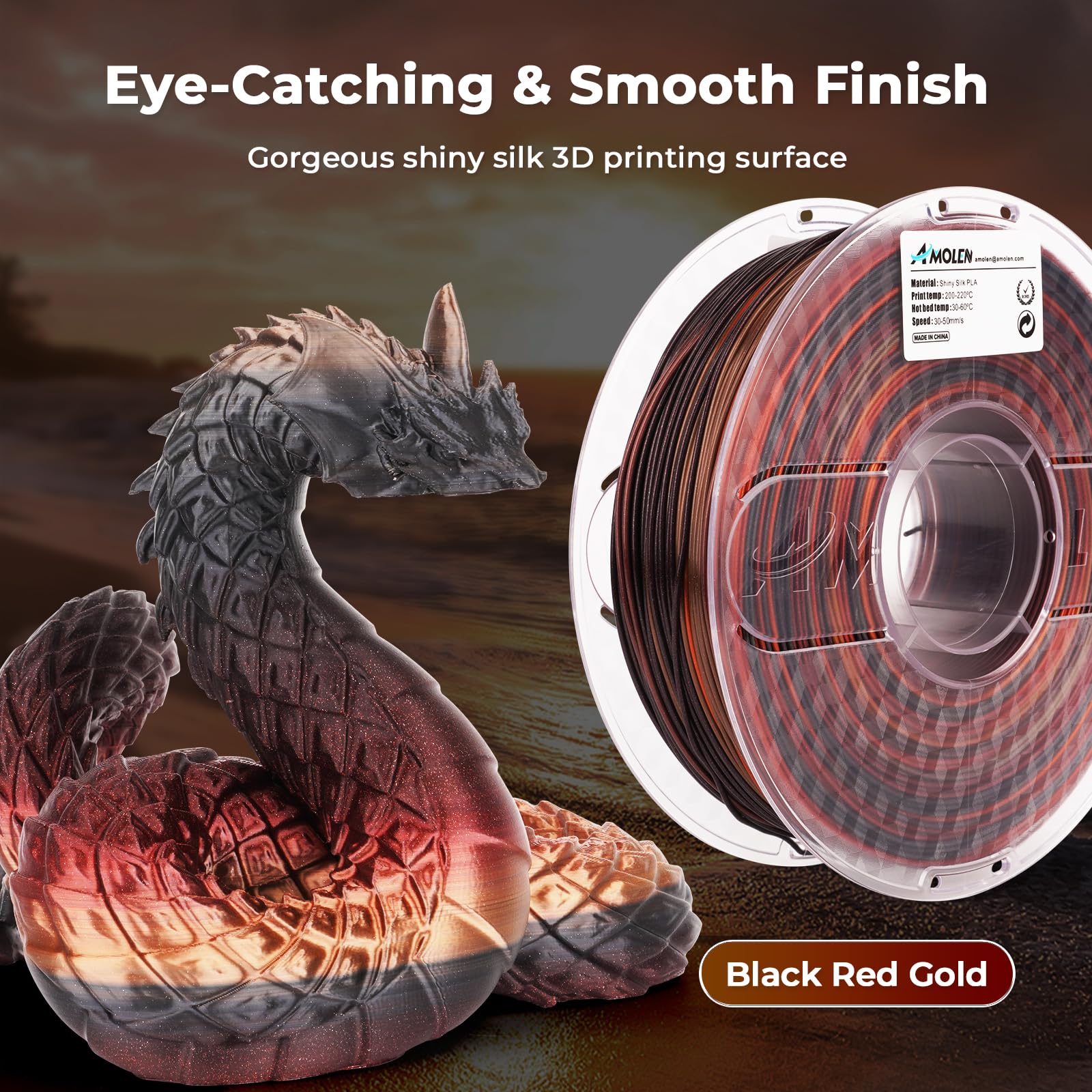 Amolen Pla 3D Printer Filament, Pla Filament 1.75Mm Silk Black Shiny Red Gold Filament, 3D Printing Filament 1Kg/2.2Lb