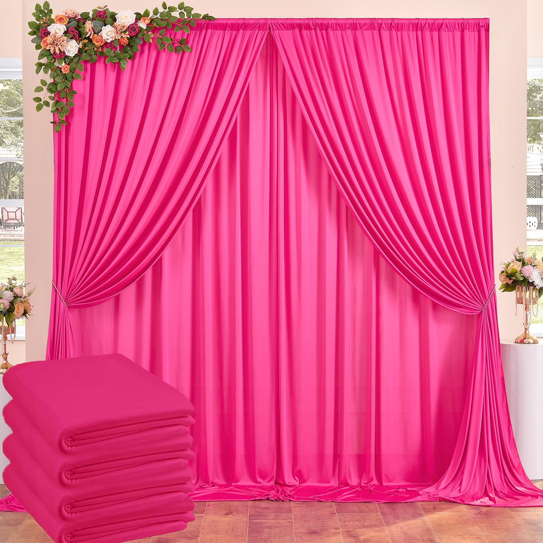 20Ftx10Ft Wrinkle Free Fuchsia Backdrop Curtains For Parties, Thick Polyester Hot Pink Photo Backdrop Drapes 4 Panels 5X10Ft For