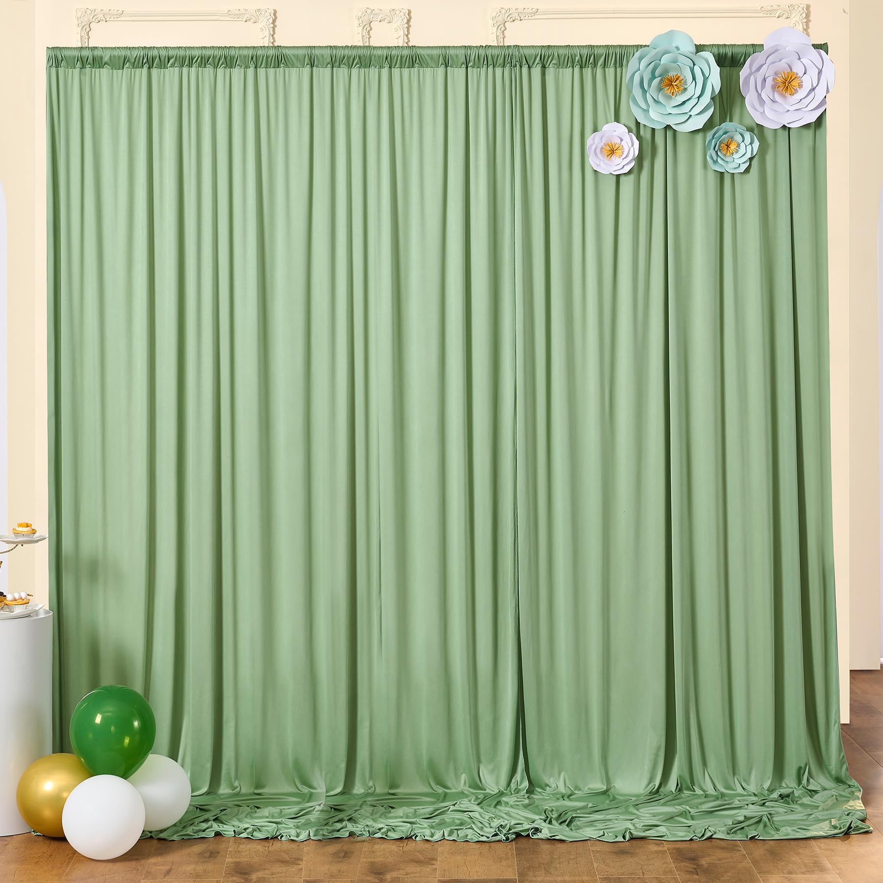 10Ft X 10Ft Wrinkle Free Sage Green Backdrop Curtains For Parties, Polyester Photo Backdrop Drapes 2 Panels 5X10Ft For Wedding B