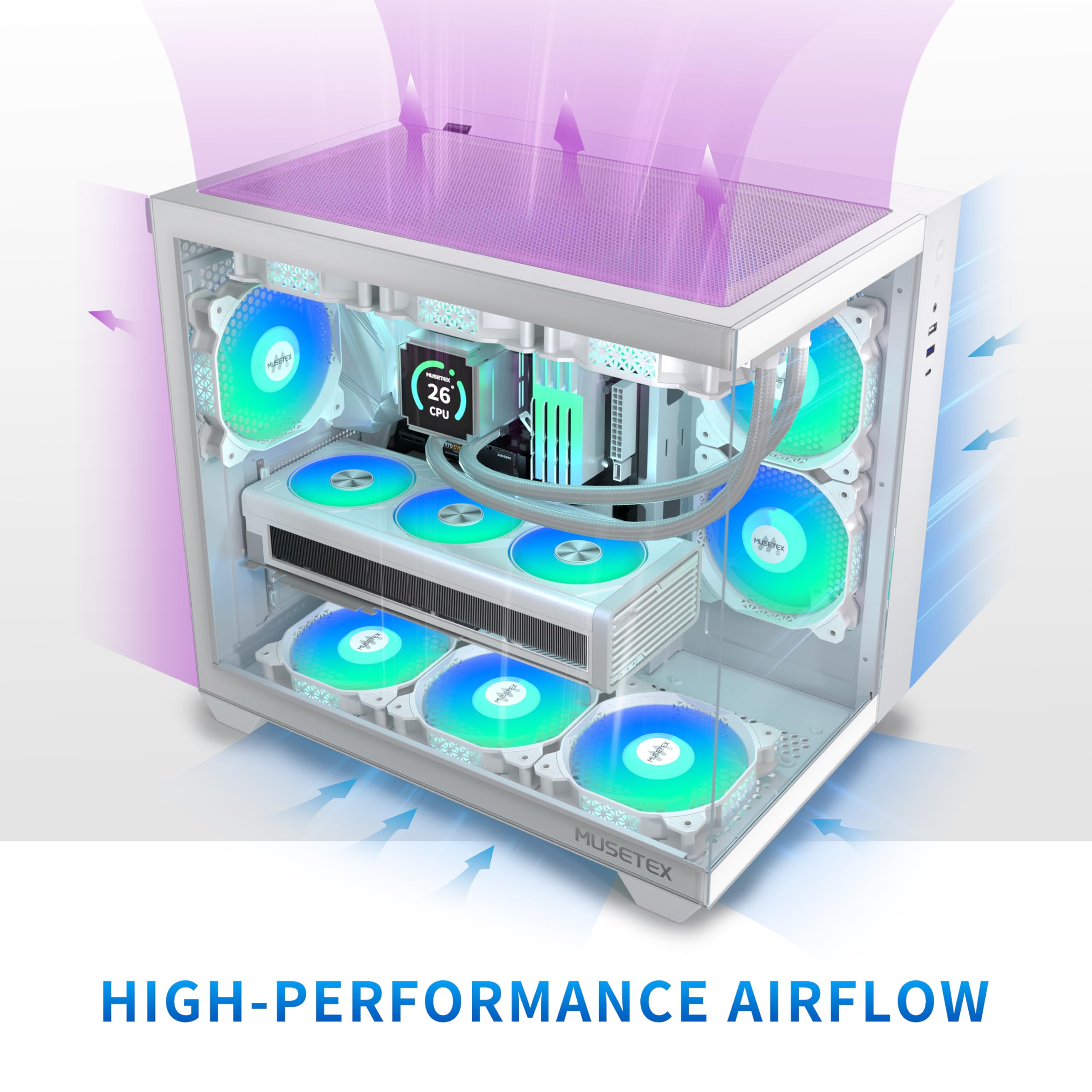 MUSETEX Y6 ATX Mid Tower PC Case - 6 PWM ARGB Fans, 360MM RAD Support, Tempered Glass, White, 16.54"D x 11.61