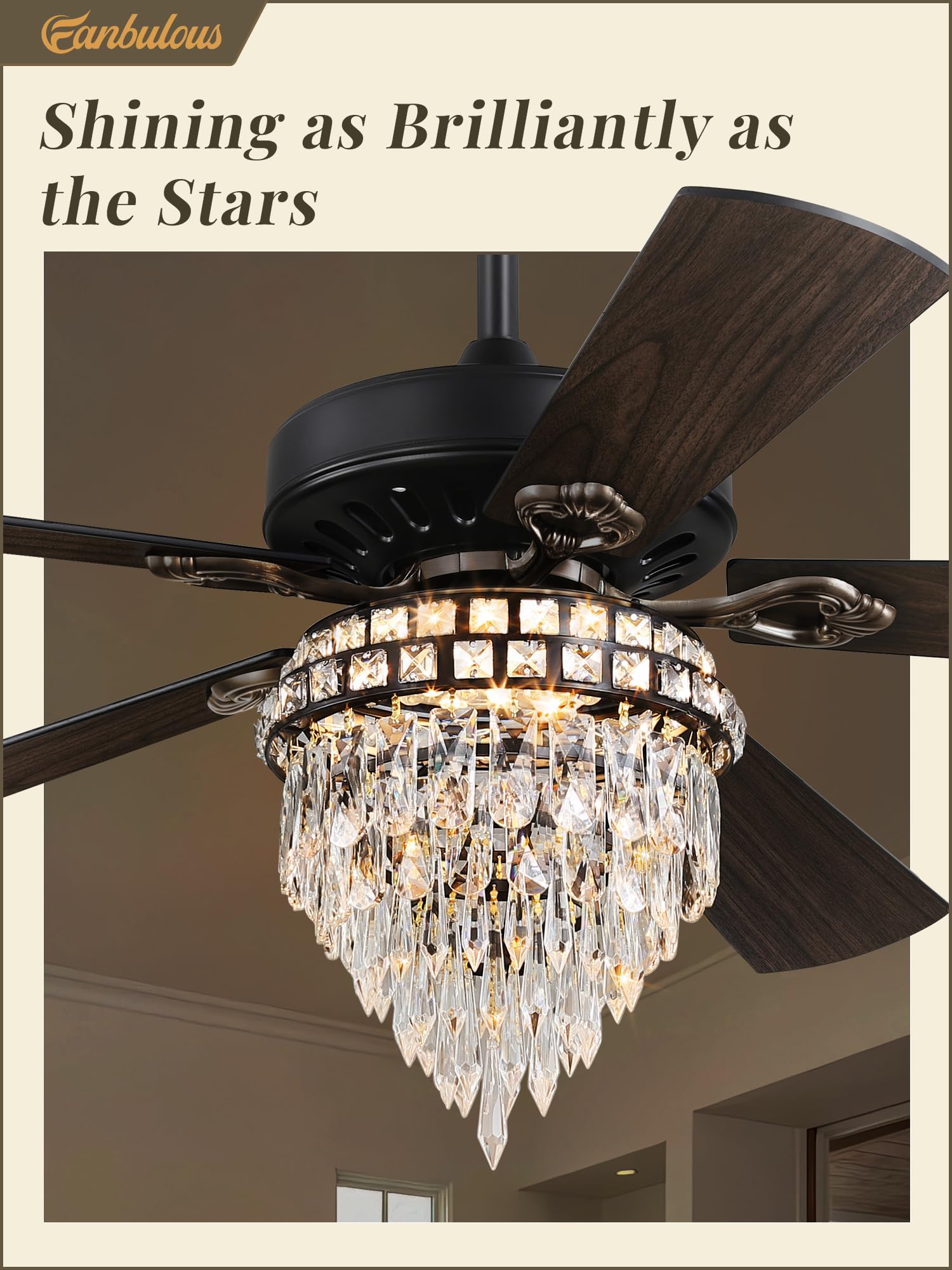 Fanbulous 52 Inch Farmhouse Fandelier Ceiling Fan With Light, Crystal Ceiling Fan Chandelier With 6 Speeds, Quiet Reversible Noi