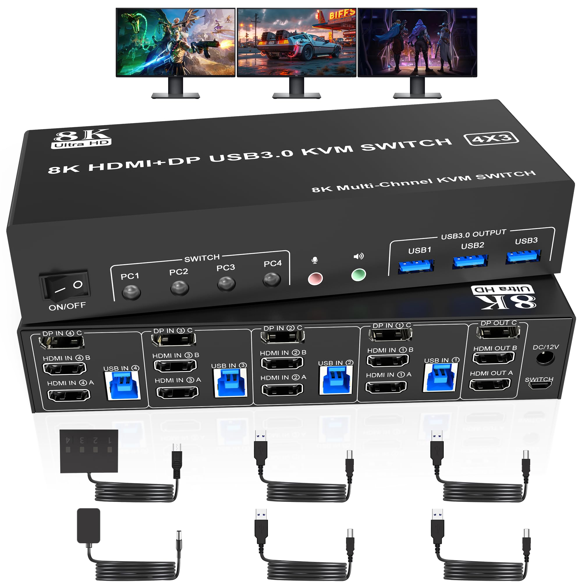 8K@60Hz Displayport +2 Hdmi Usb3.0 Kvm Switch 3 Monitors 4 Computers, 2 Hdmi 2.1 + Dp 1.4Triple Monitor Kvm Switch With Audio Mi