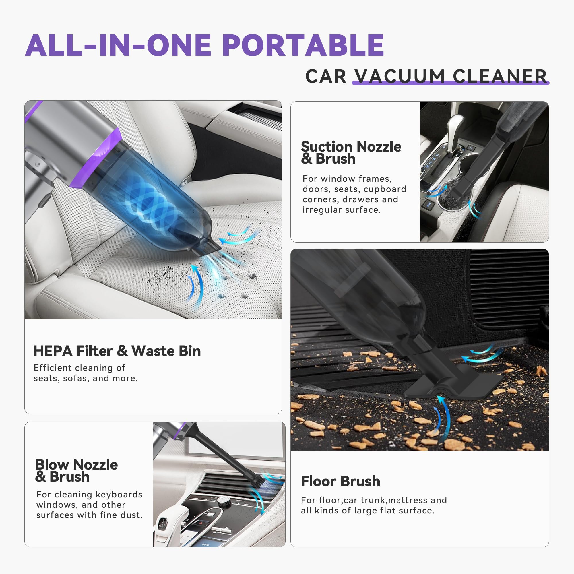 Car Vacuum Cleaner, Mini Handheld Vacuum Cordless 16000Pa 120W Powerful Brushless, Low Noise Rechargeable Mini Vacuum For Car, H