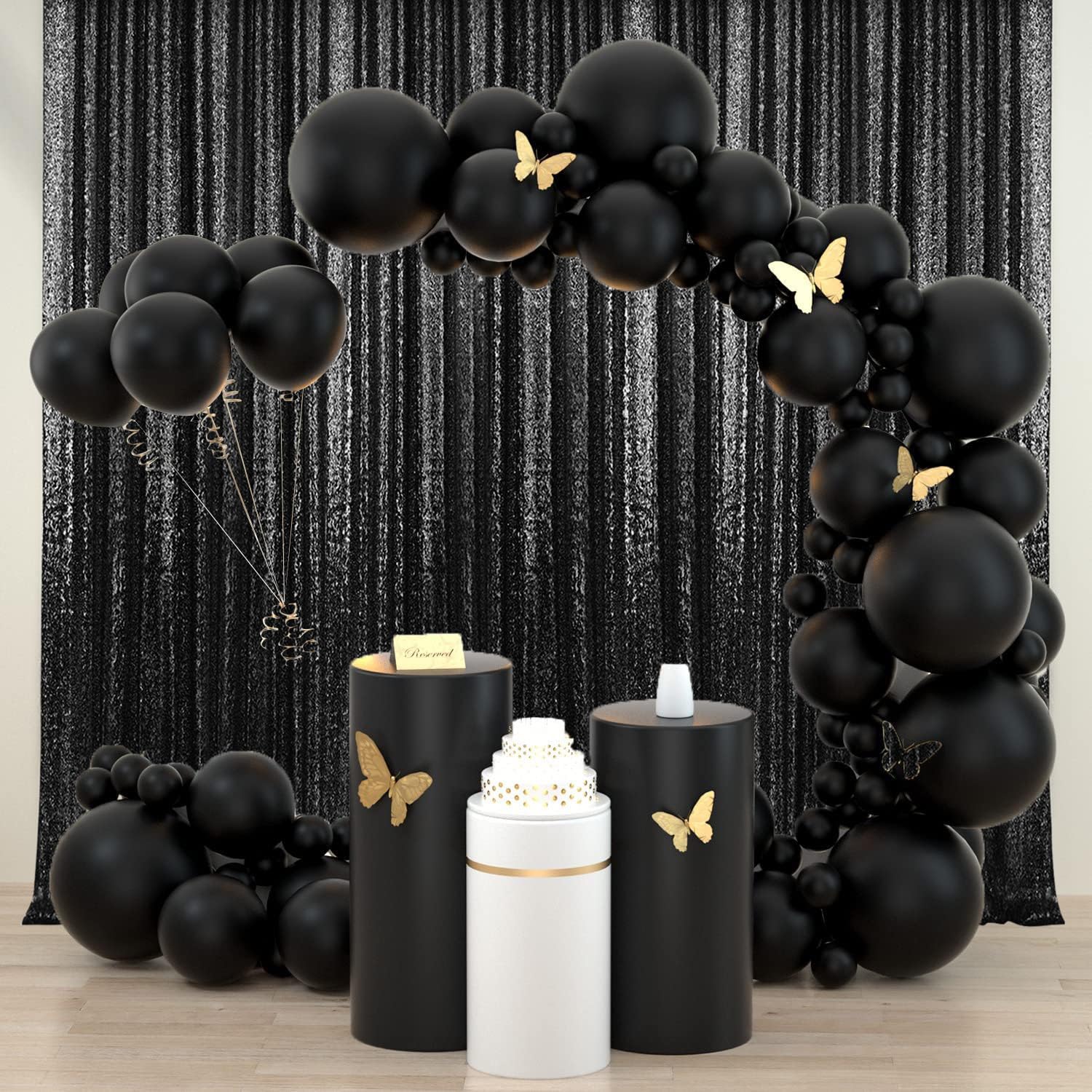 2  8Ft 2Pcs Black Sequin Backdrop Curtains Panels, Photography Backdrop Glitter Curtains Fabric Background For Wedding Party Dec