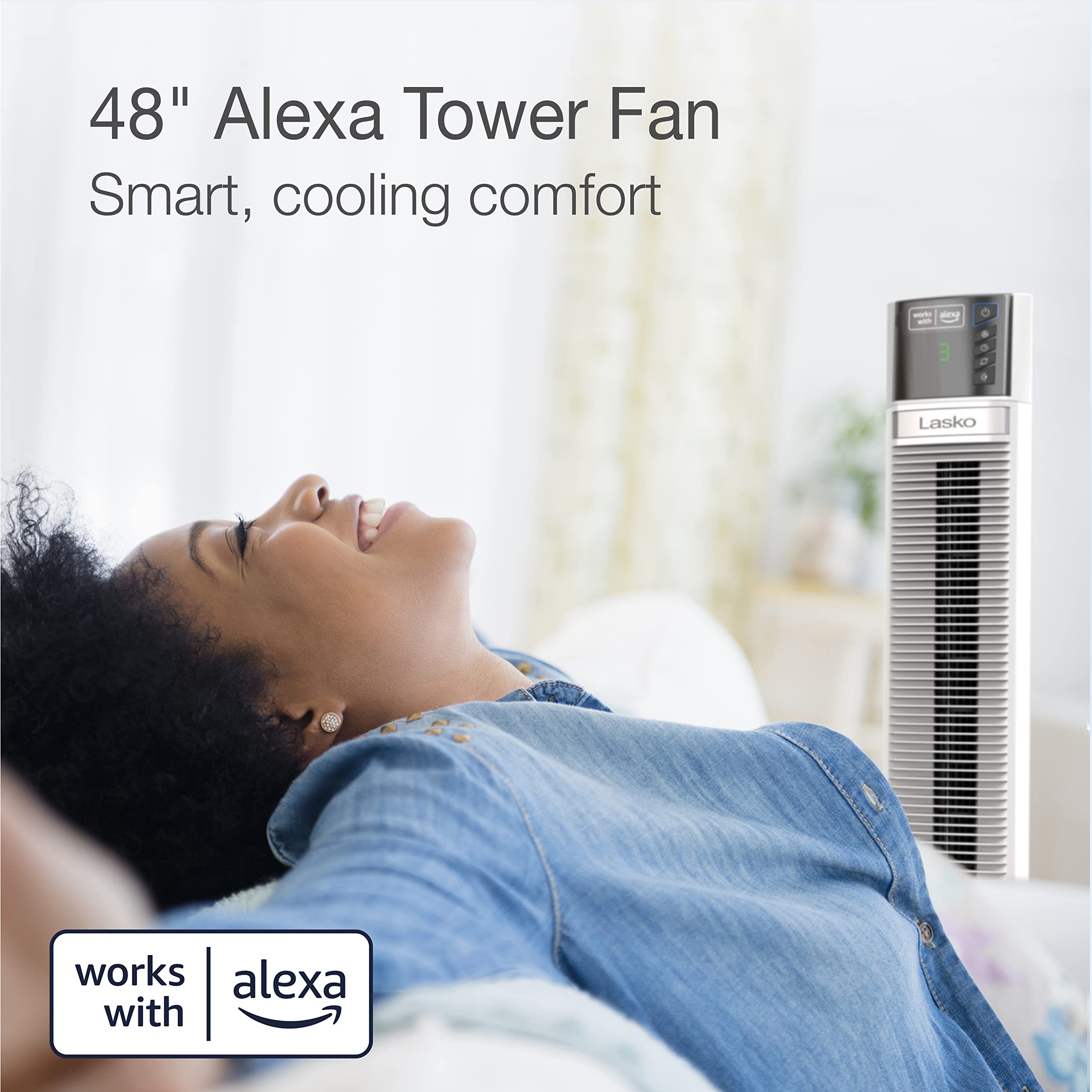 Lasko Works With Alexa Oscillating Tower Fan, Voice Controlled, 4 Quiet Speeds, Sleep Mode, Timer, Bedroom, Living Room, 48, Whi