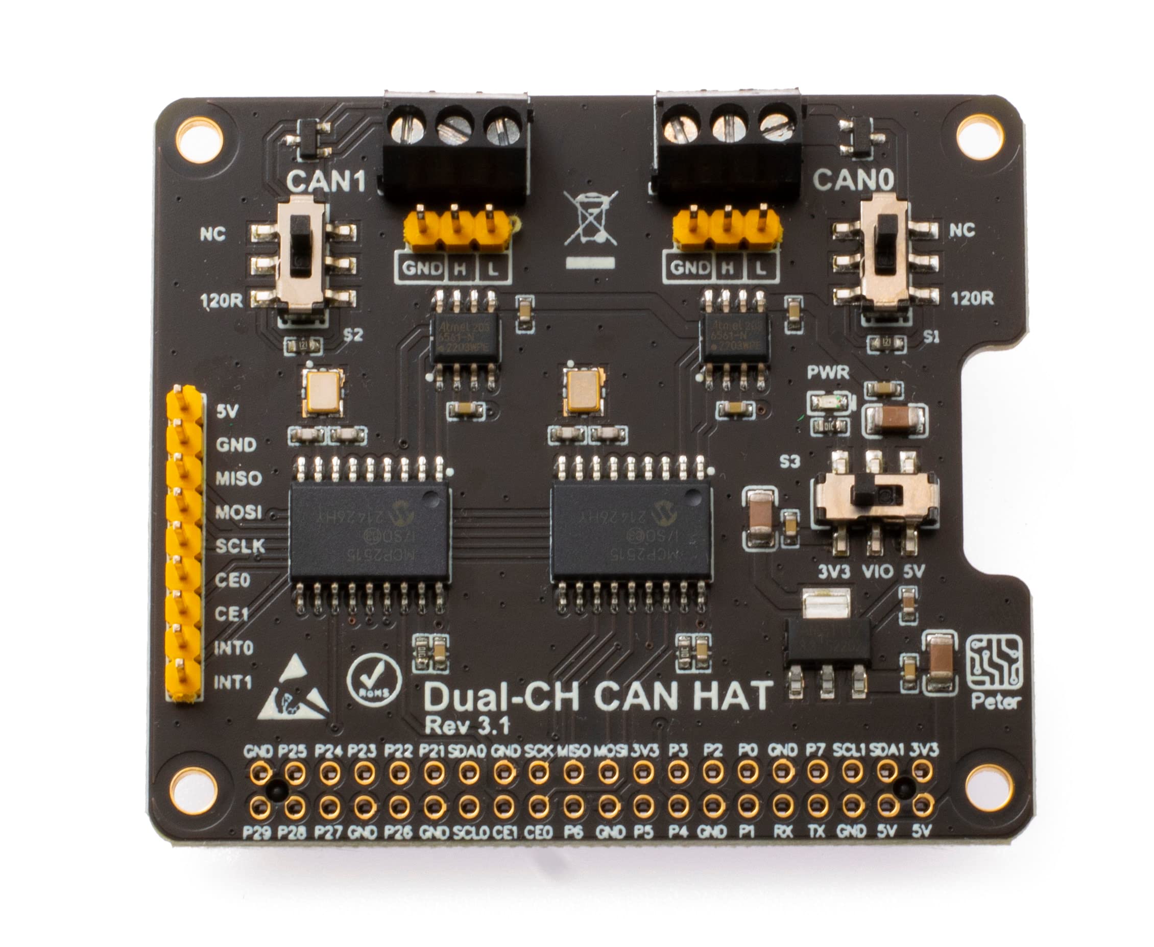 Xicoolee Dual Ch,Can Bus Expansion Hat For Raspberry Pi, With 2 Channel Can Interface Communication, Dual Chips Mcp2515 And Ata6