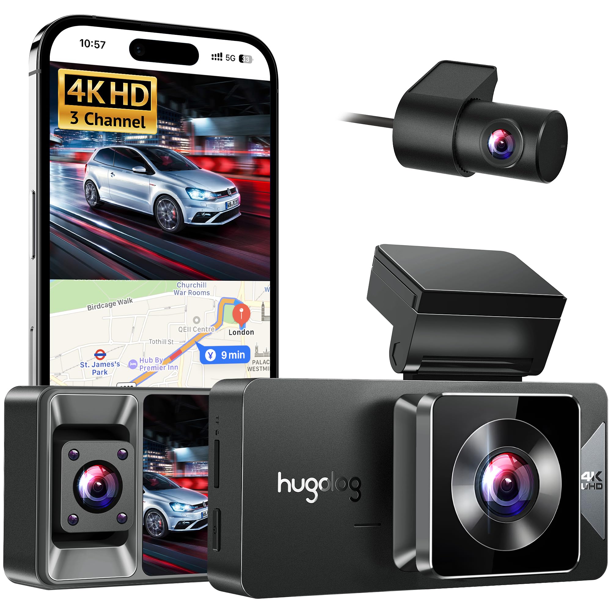 Hugolog 3 Channel Dash Cam 4K+1080P+1080P Hd Triple Dashcam With 5G Wifi, 3'' Ips Touch Screen, Front And Rear Inside Loop Recor