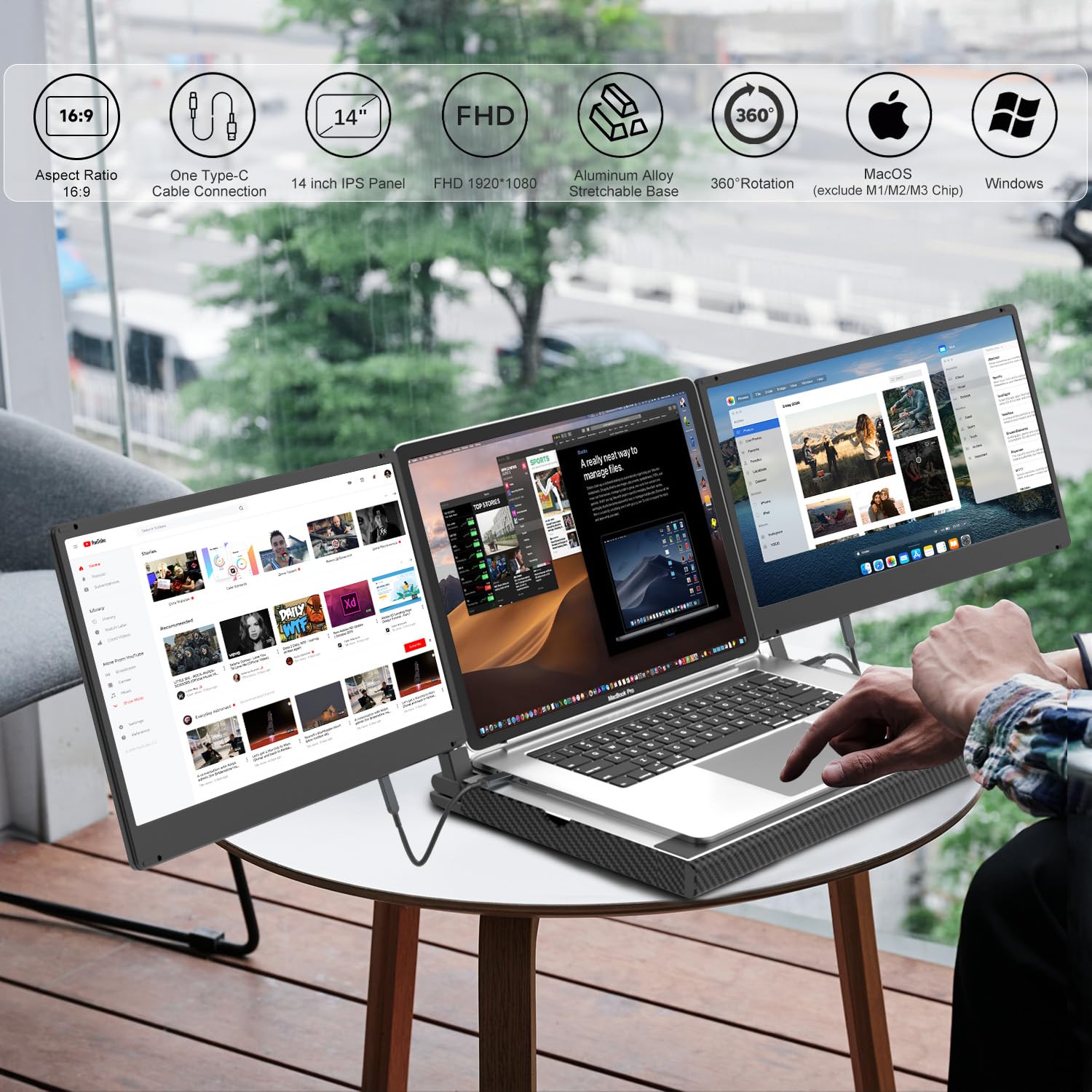 Kefeya 14'' Triple Laptop Monitor Extender With Metal Base, 360 Rotation 1080P Portable Laptop Screen Extender For 12 17.3'' Lap