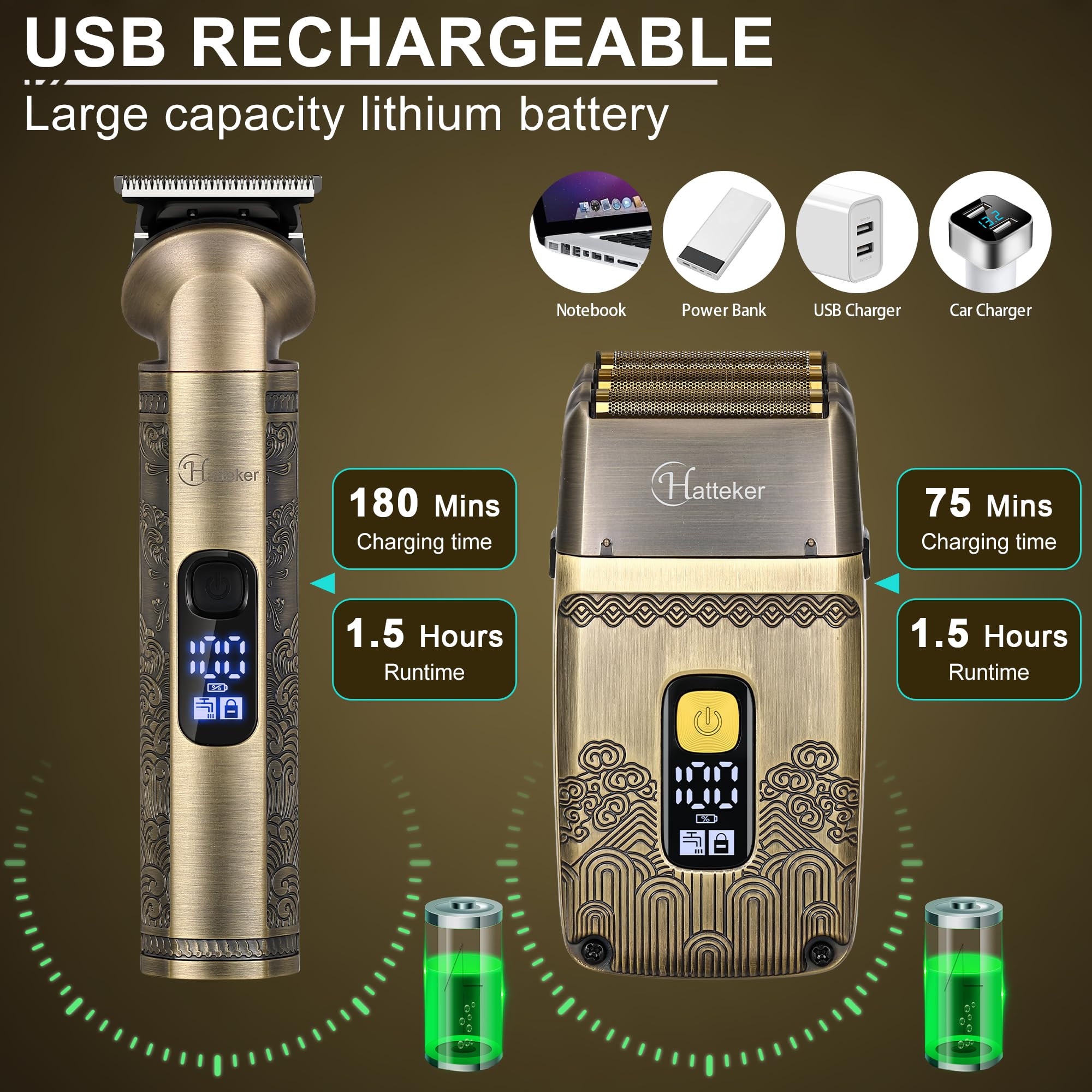 Hatteker Professional Hair Clipper Electric Razor Foil Shavers For Men Body Nose Ear Hair Grooming Kit With Triple Blades Cordle