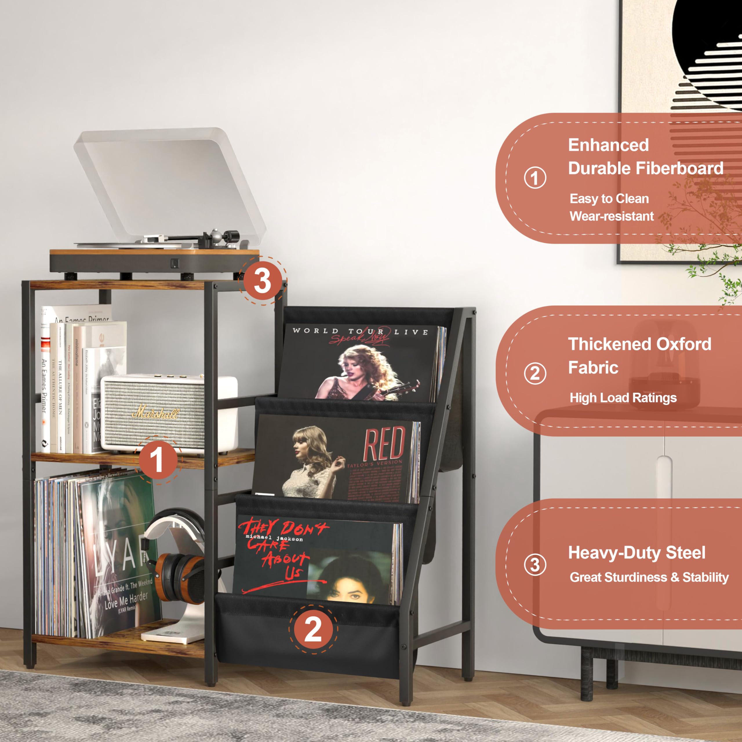 Record Player Stand With Vinyl Storage, Record Player Table With Record Storage 200 Albums, Turntable Stand With Record Holder V