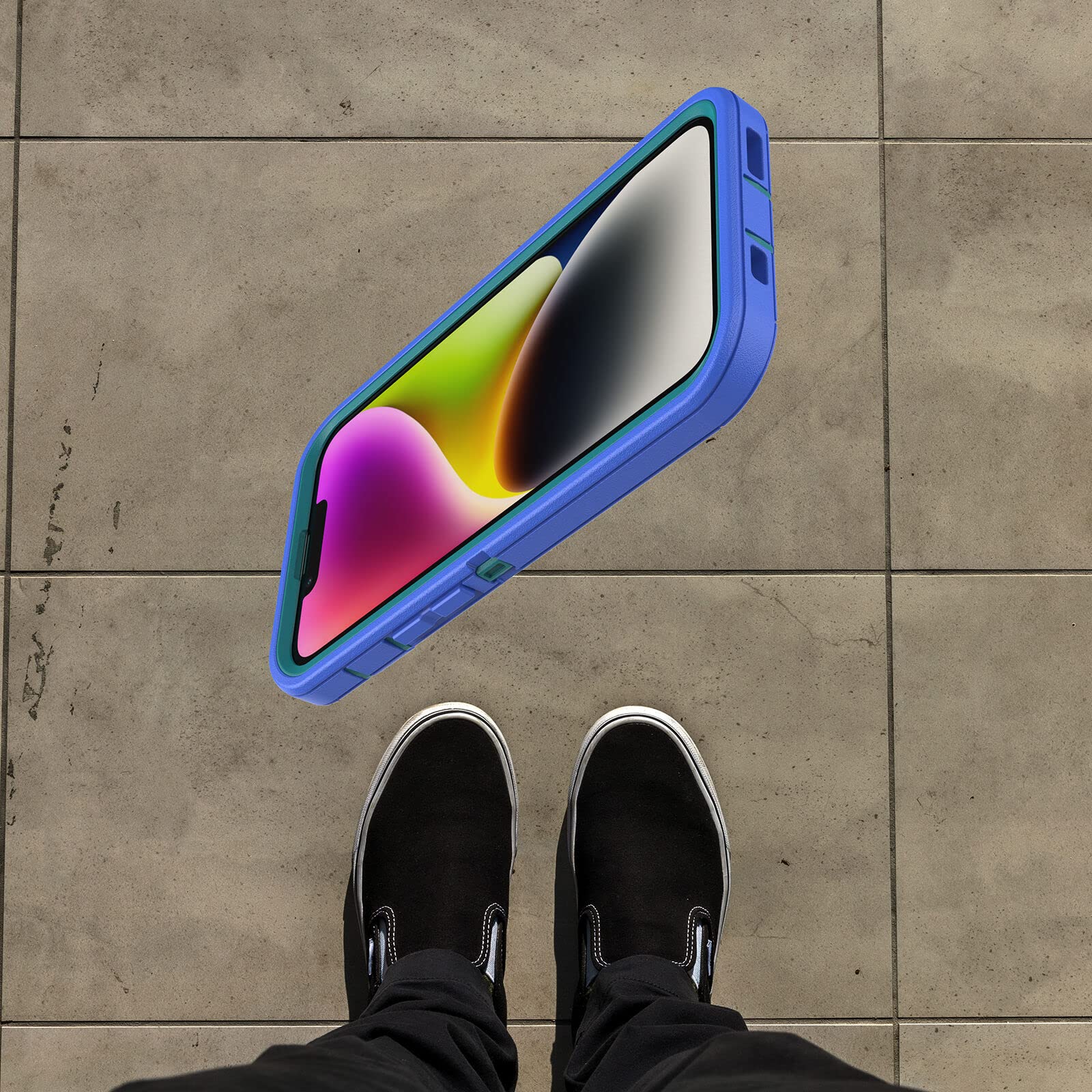 Otterbox Iphone 14 Plus Defender Series Case   Rain Check (Blue), Rugged & Durable, With Port Protection, Includes Holster Clip