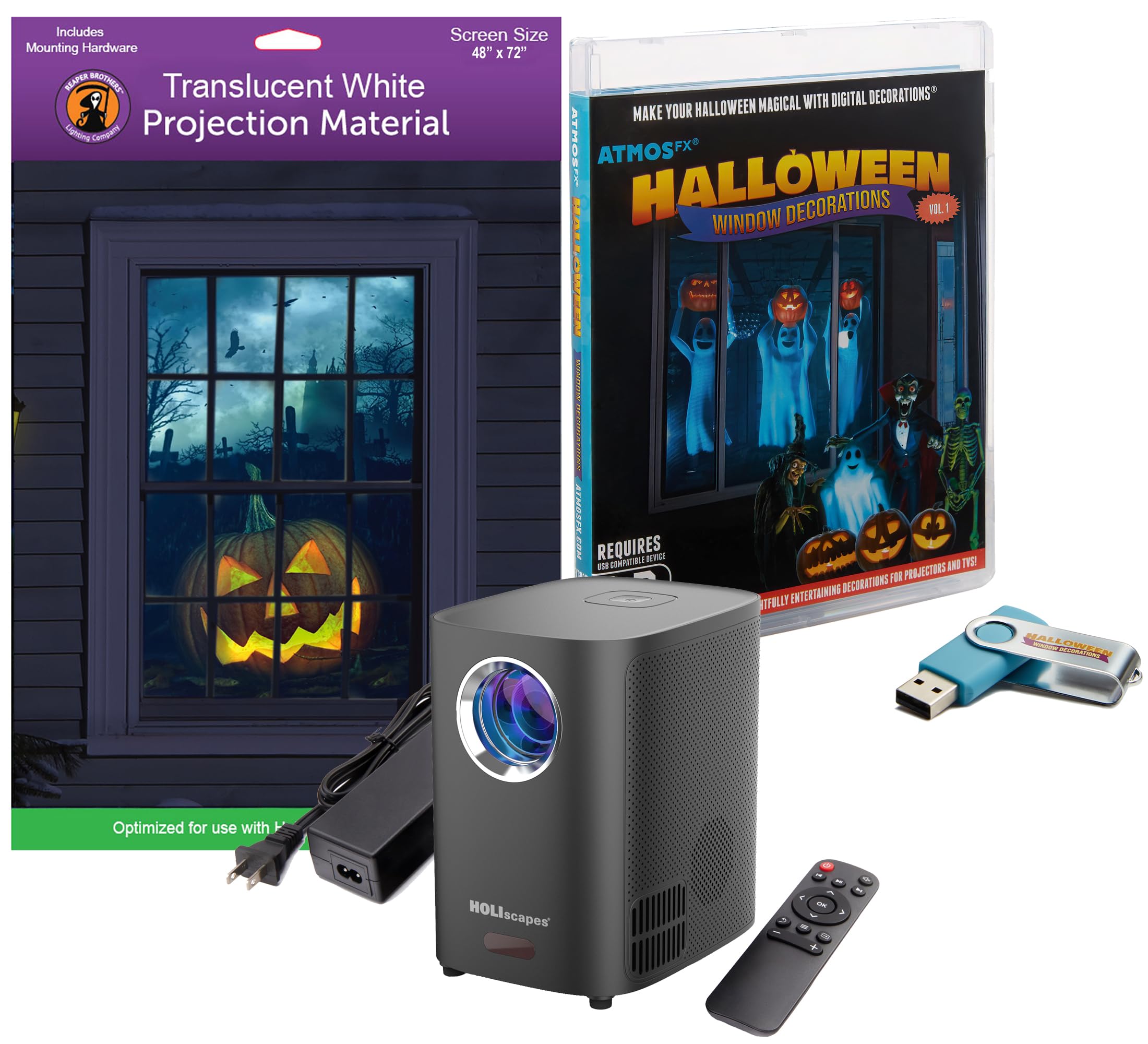 Reaper Brothers Halloween Digital Decoration Kit Includes 8 Atmosfx Video Effects For Halloween Plus Hd Super Bright Projector And 48� X 72� Holographic Projection Screen