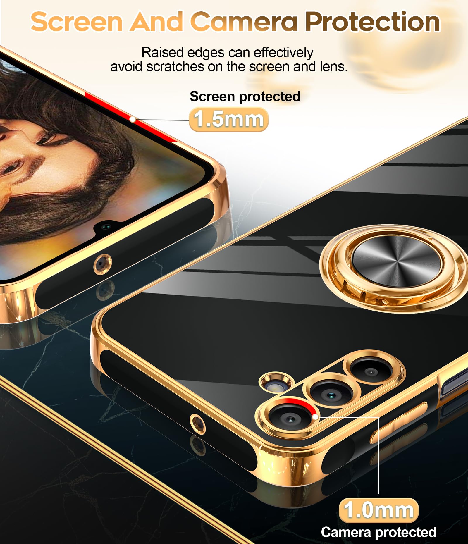 Leyi For Galaxy A15 5G Phone Case: With [2 Pack] Tempered Glass Screen Protector 360 Rotatable Ring Holder Magnetic Kickstand, P