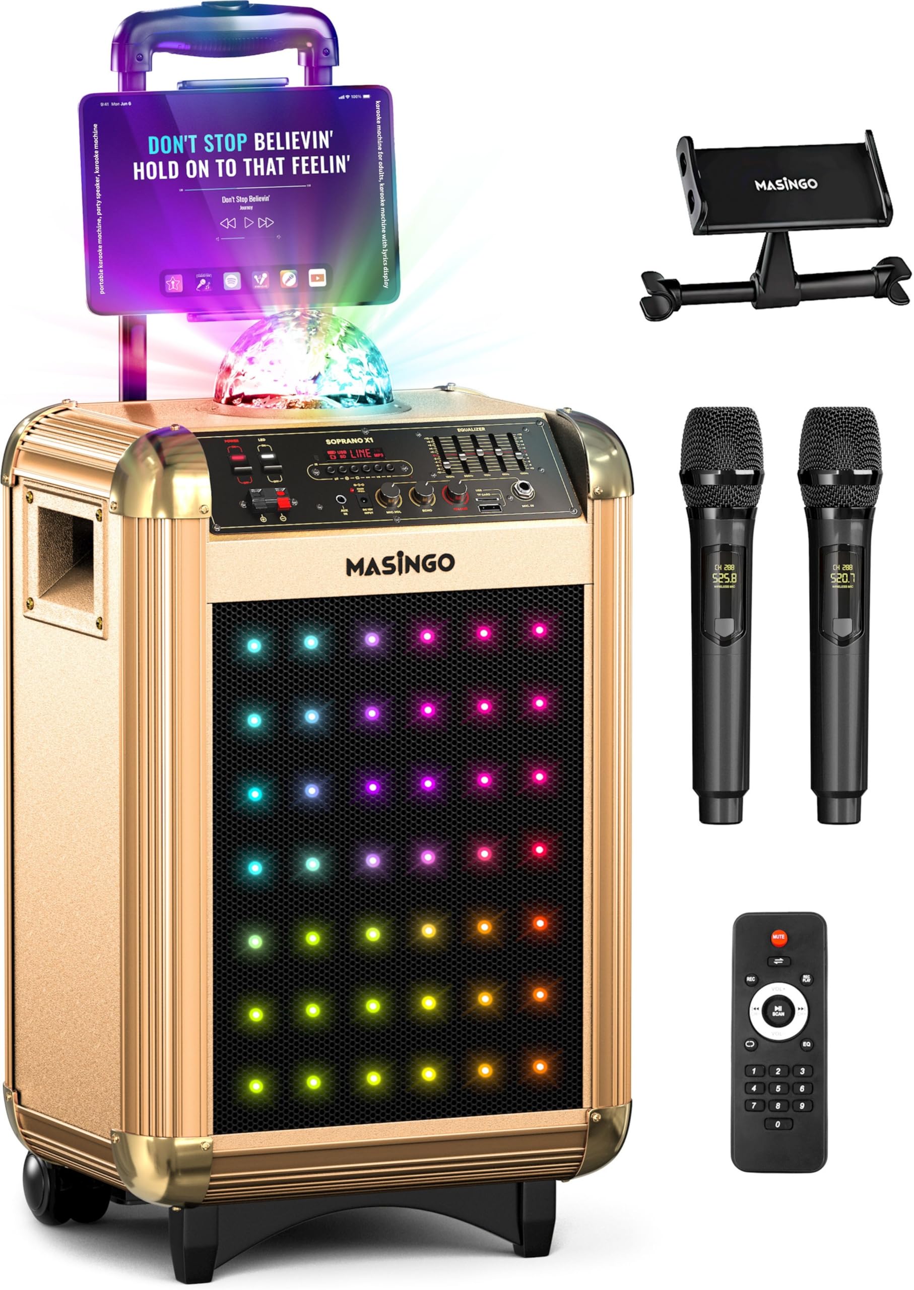 MASINGO Karaoke Machine for Adults and Kids with 2 Bluetooth Wireless Microphones. Portable Singing PA Speaker System with Disco