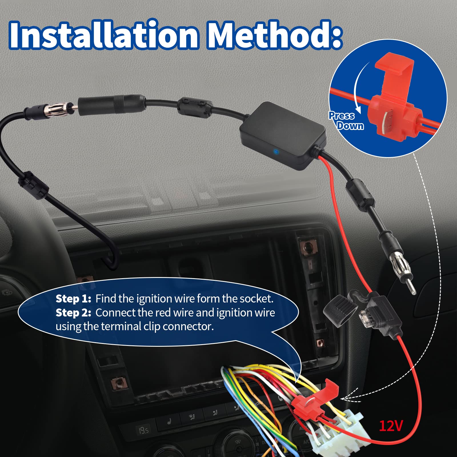 Bingfu Universal Car Stereo Fm Radio Antenna Signal Booster Amplifier Amp,12V Power Supply Din Plug Connector Adapter For Vehicl