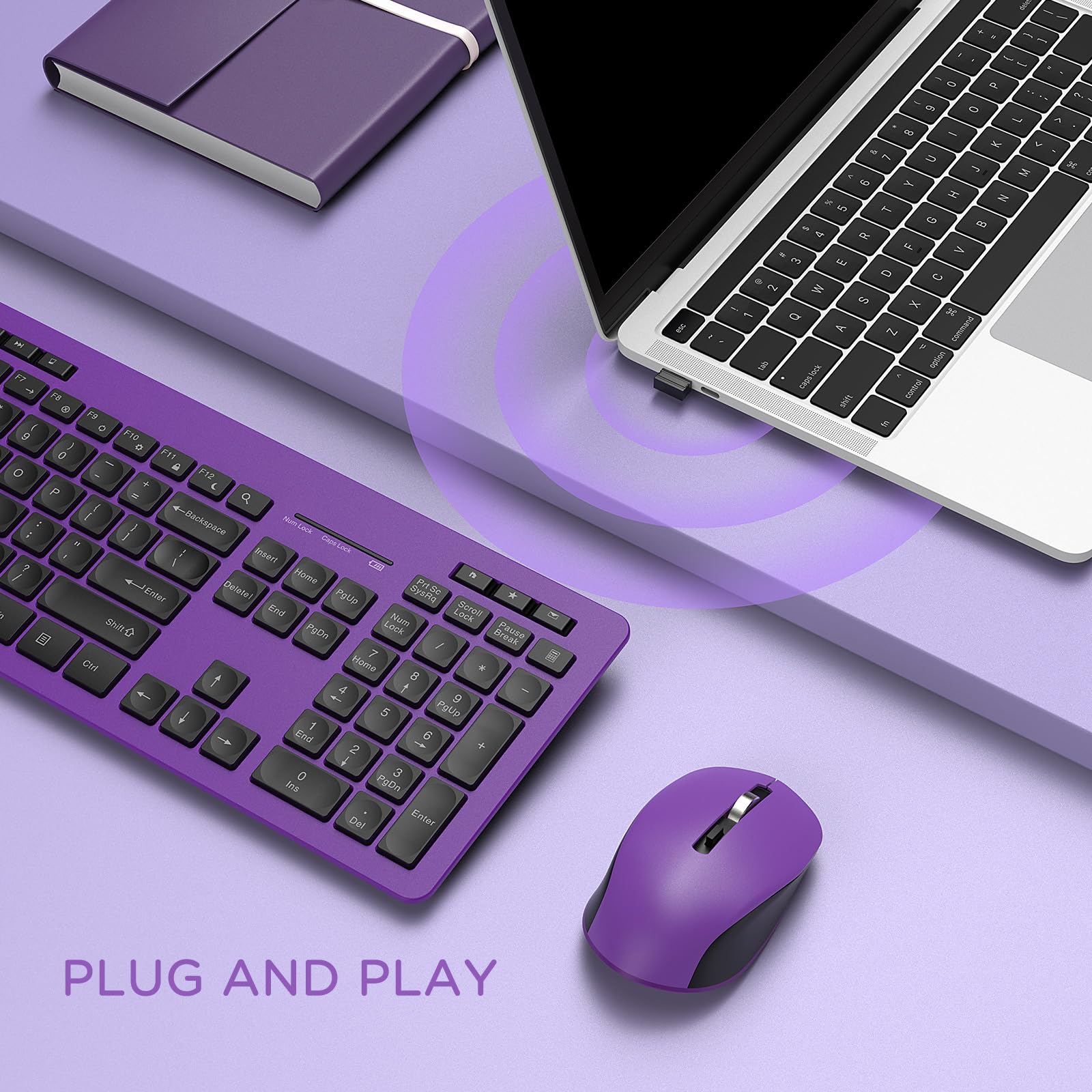 Seenda Wireless Keyboard And Mouse Combo, 2.4Ghz Cordless Quiet Keyboard Mouse With Usb Receiver, Full Size Cute Purple Combo, Compatible For Windows Laptop Computer Desktop Pc, Black And Purple