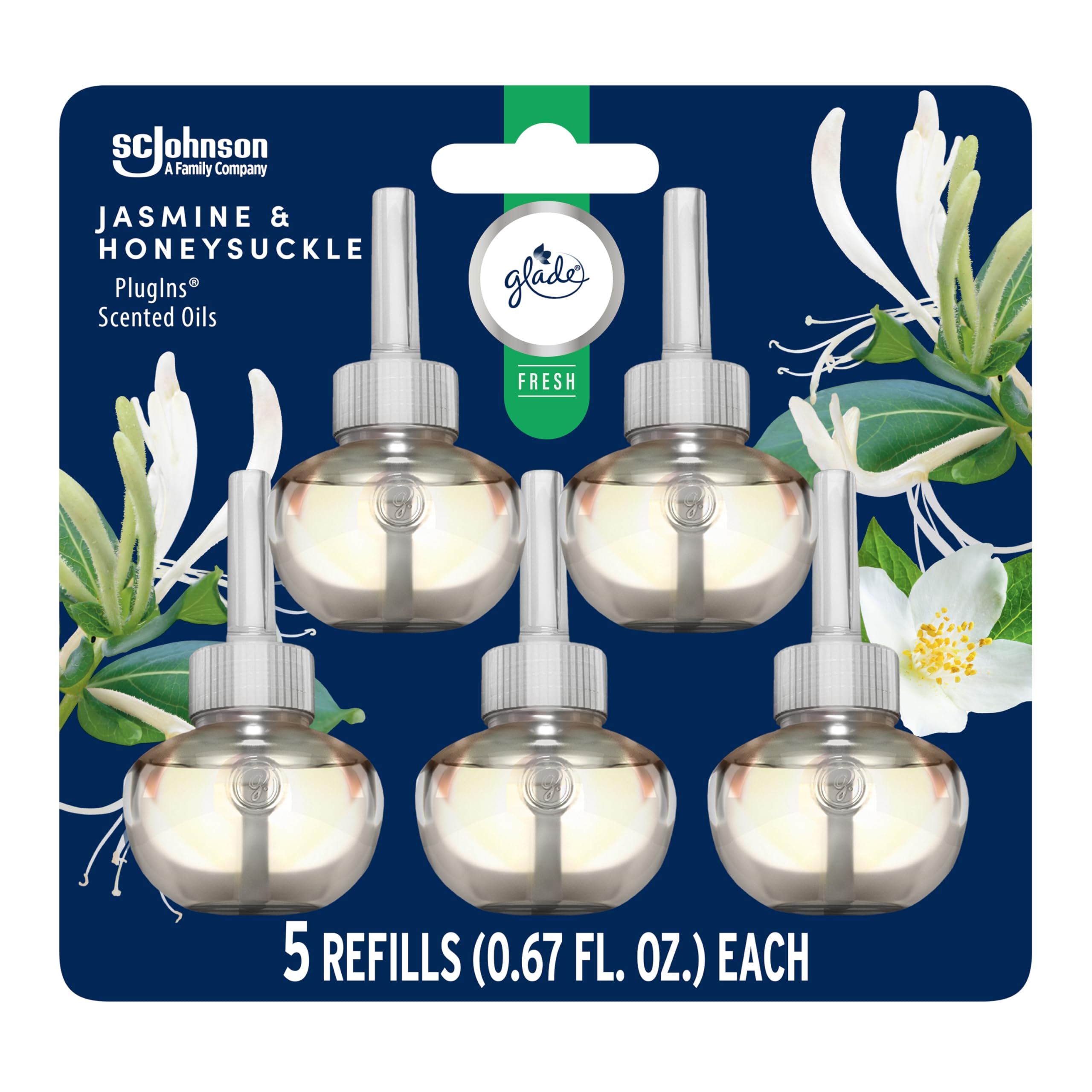 Glade PlugIns Refills Air Freshener, Jasmine & Honeysuckle, Scented and Essential Oils for Home and Bathroom, 0.67 Fl Oz, 5 Coun
