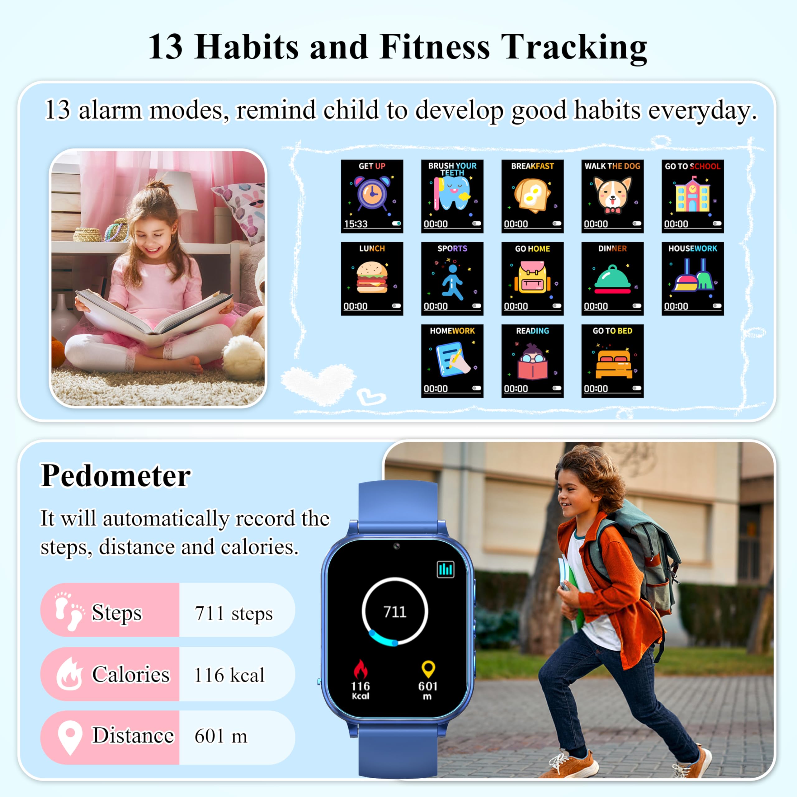 Kalinco Kids Smart Watch, No Phone Needed, Games Camera Video Pedometer Smartwatch, Music Player, Alarm, Audiostory, Torch, Step