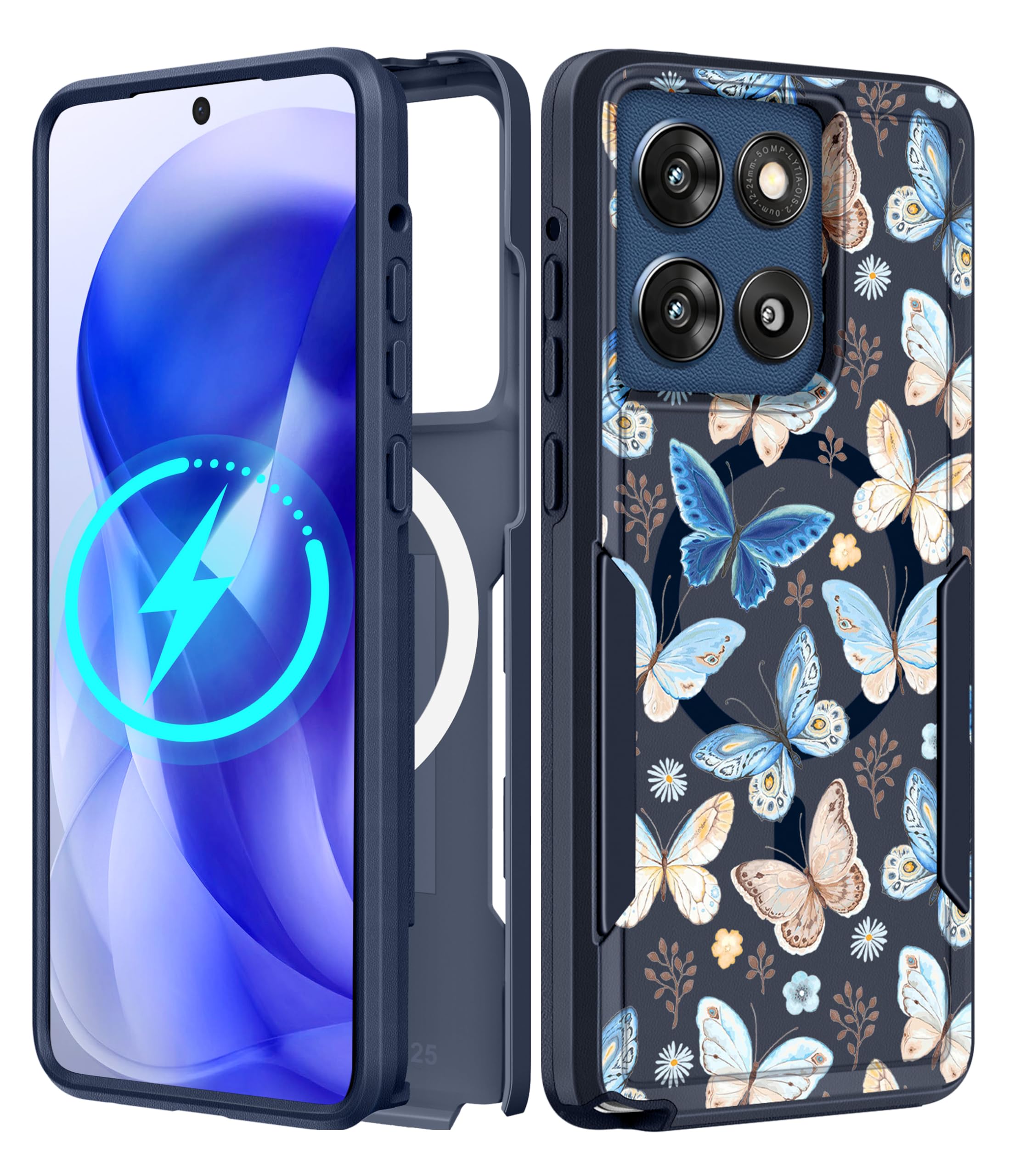 LISEVO for Moto G Stylus 2025 Case - Compatible with MagSafe Women Cute Girl Magnetic Phone Cover Kawaii Girly Blue Butterfly He