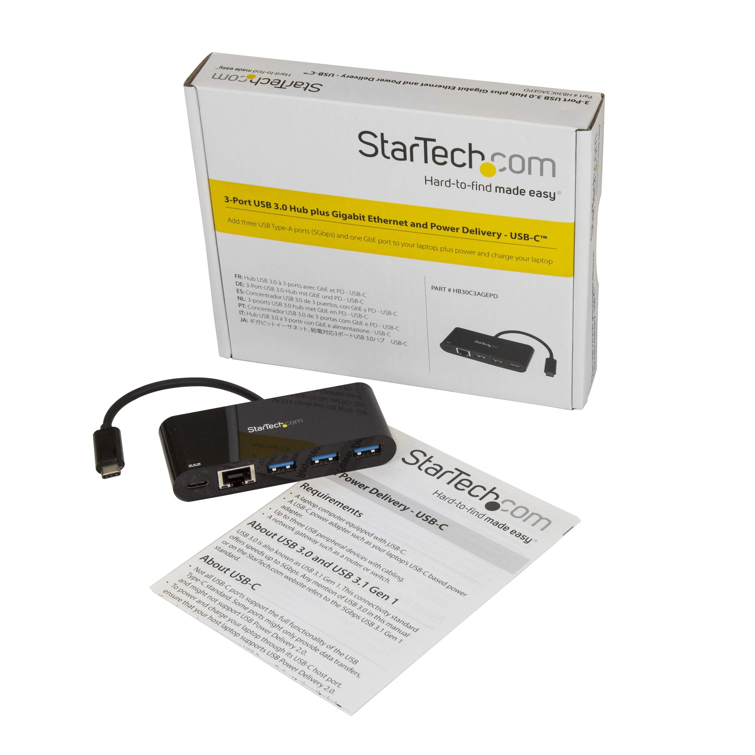 Startech.Com 3 Port Usb C Hub With Gigabit Ethernet & 60W Power Delivery Passthrough Laptop Charging   Usb C To 3X Usb A (Usb 3.