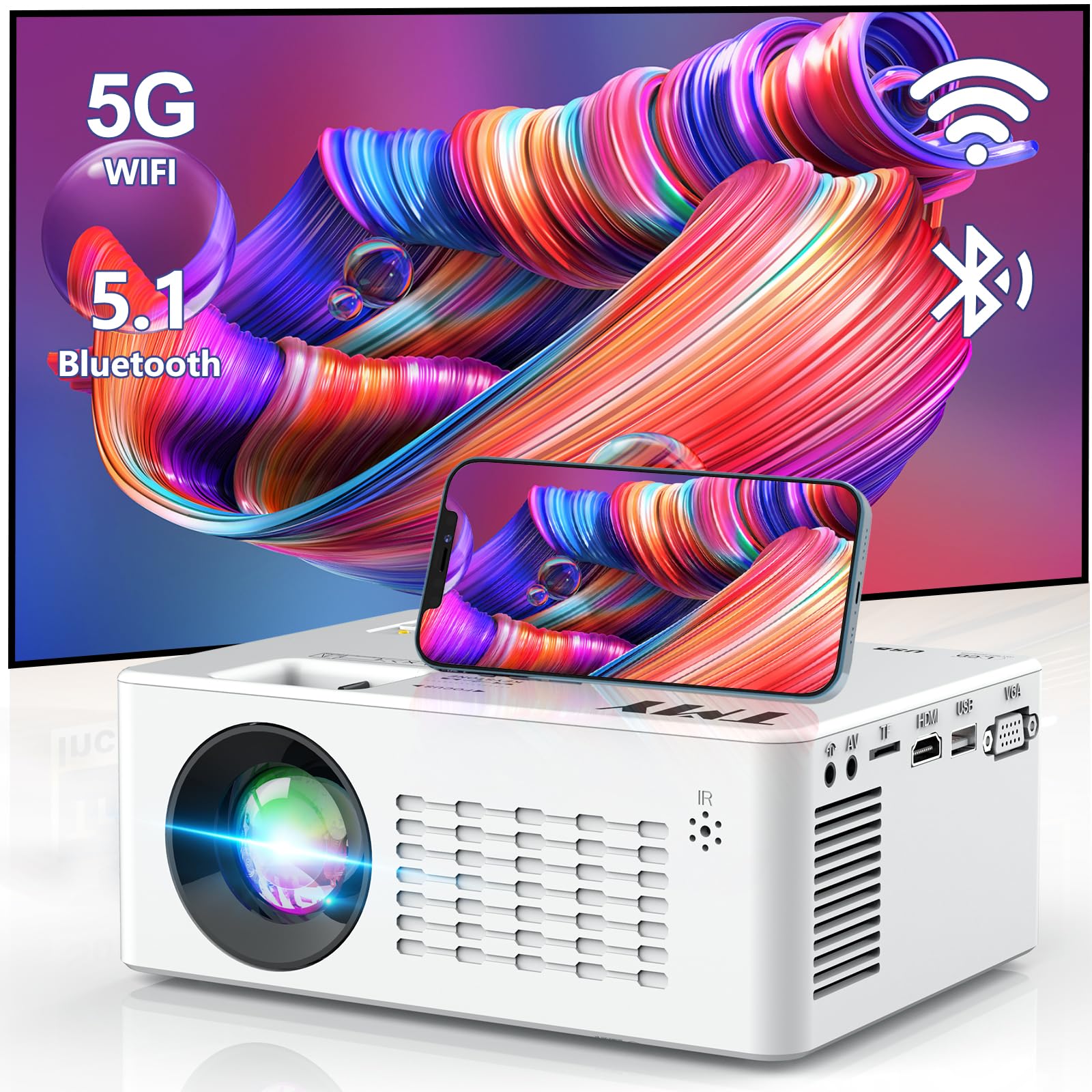 Tmy 5G Wifi Projector With Bluetooth 5.1, Hd Movie Projector, 1080P Supported Mini Projector, Portable Outdoor Projector, Compatible With Tv Stick, Phone, Computer, Hdmi, Usb, Av, Tf