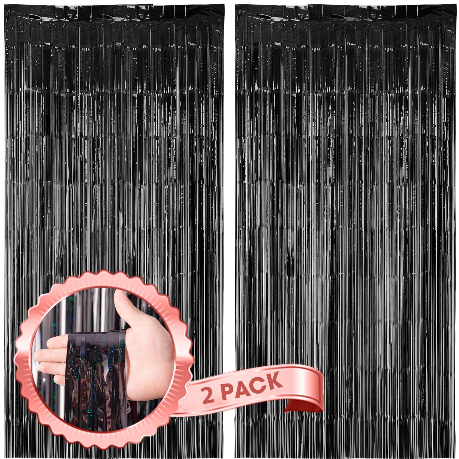 Voircoloria 2 Pack Laser Black Foil Fringe Backdrop Curtains, Tinsel Streamers Birthday Party Decorations, Fringe Backdrop For G