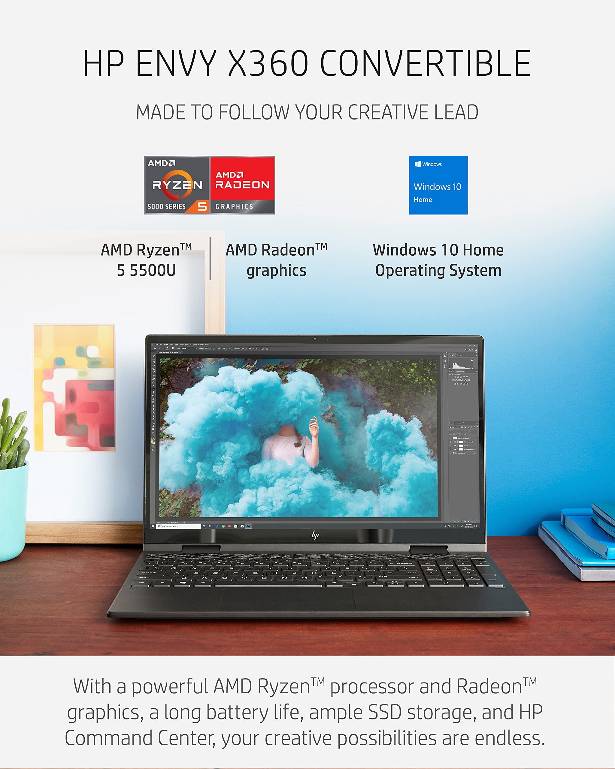 Hp Envy X360 15 Convertible Laptop, Amd Ryzen 5 5500U Processor, Amd Radeon Graphics, 8 Gb Ram, 512 Gb Ssd, 15.6 Inch Full Hd Di