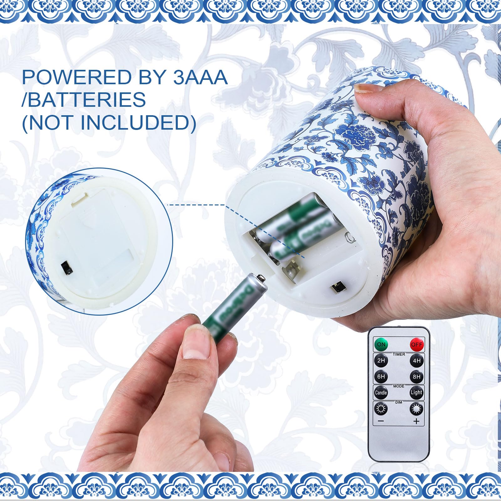 Tujoe 3 Pcs Chinoiserie Flameless Candles Blue And White Battery Operated Candles Blue White Floral Printed Faux Candles With Re