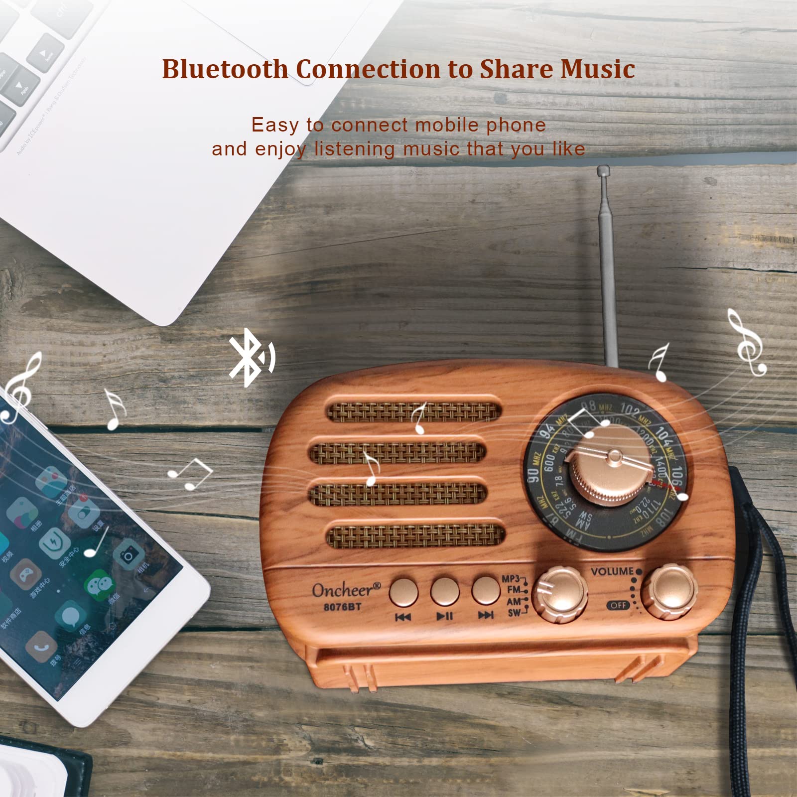 Oncheer Portable Vintage Radio Retro Bluetooth Speaker, Fm/Am/Sw Old Fashion Classic Style, Adjustable Antenna, Rechargeable Bat