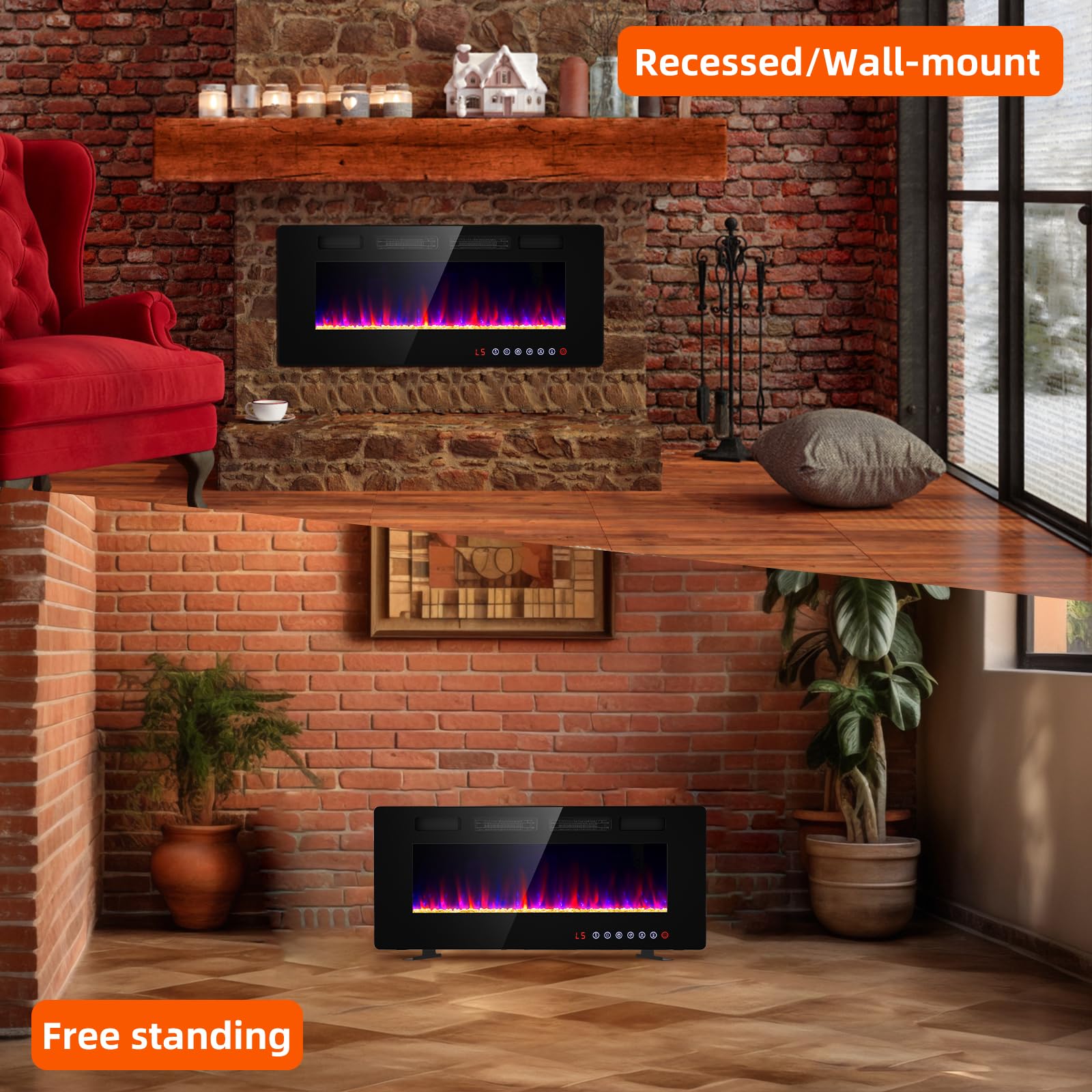 Breezeheat 42 Inch Electric Fireplace Wall Mounted/Freestanding Ultra Thin Fireplace Inserts For Living Room With Double Heat Ve