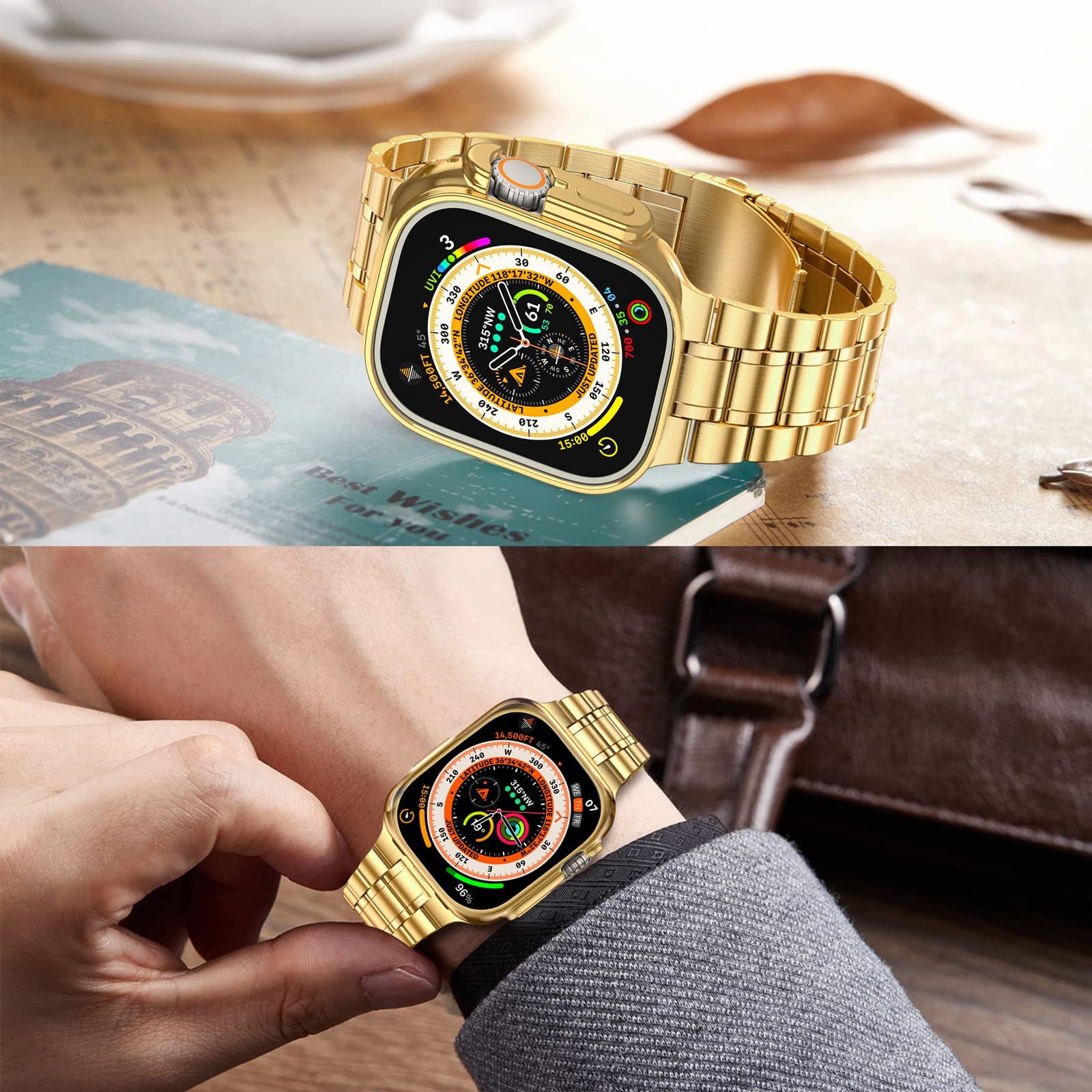 Miohhr Solid Stainless Steel Band Compatible With Apple Watch 49Mm, Metal Strap For Iwatch Series Ultra/Series 9 Women And Men,G