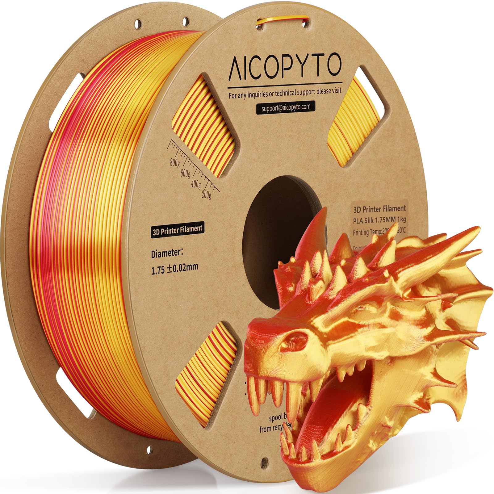 AICOPYTO Dual Color Silk PLA 3D Printer Filament 1.75mm, Dual Color 2-in-1 Red-Gold Silk Filament 1KG Spool (2.2lbs) Dimensional