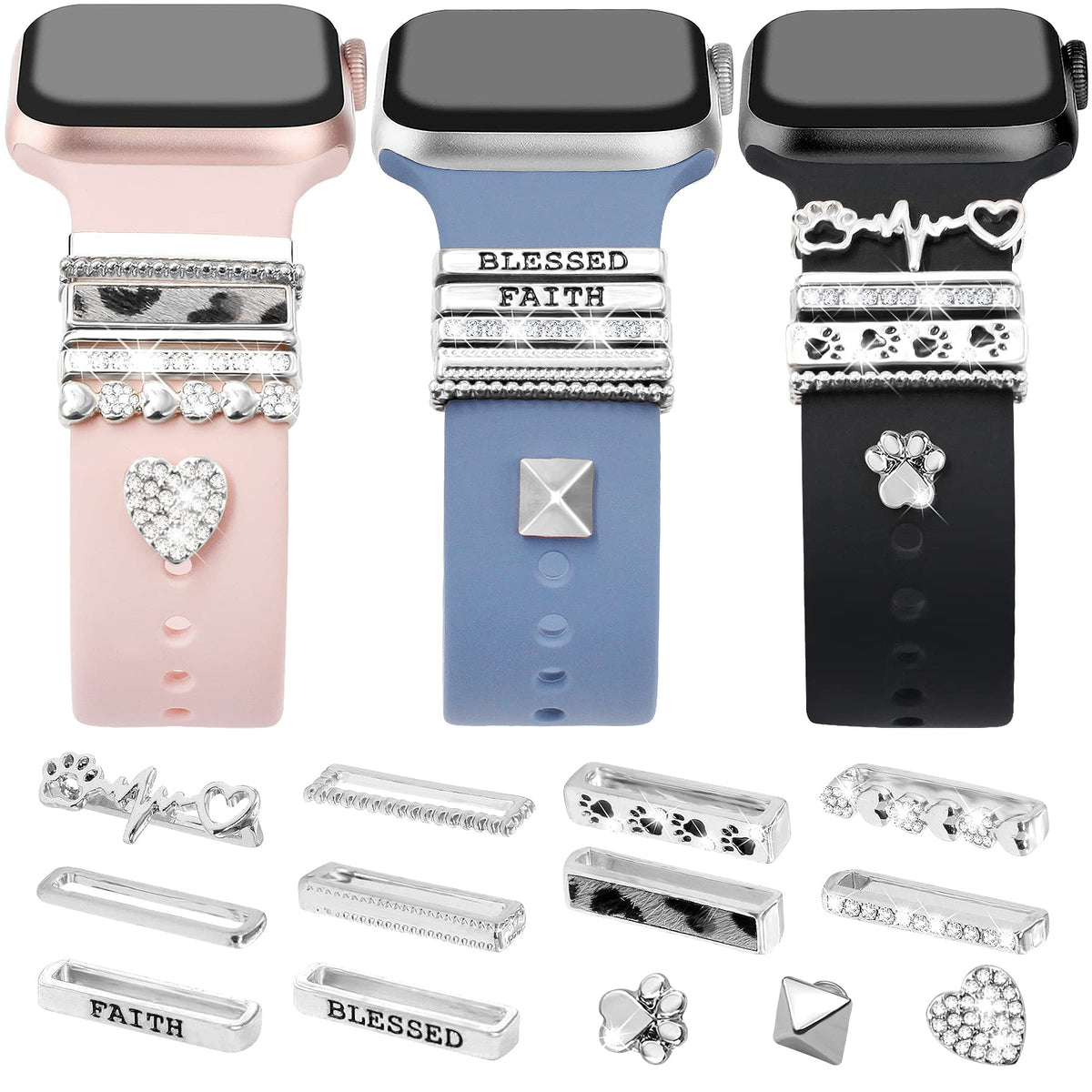 Jr.Dm 13 Pieces Sliver Watch Band Charms With 10 Pcs Decorative Rings Loops & 3 Pcs Decoration, Compatible With Apple Watch Band