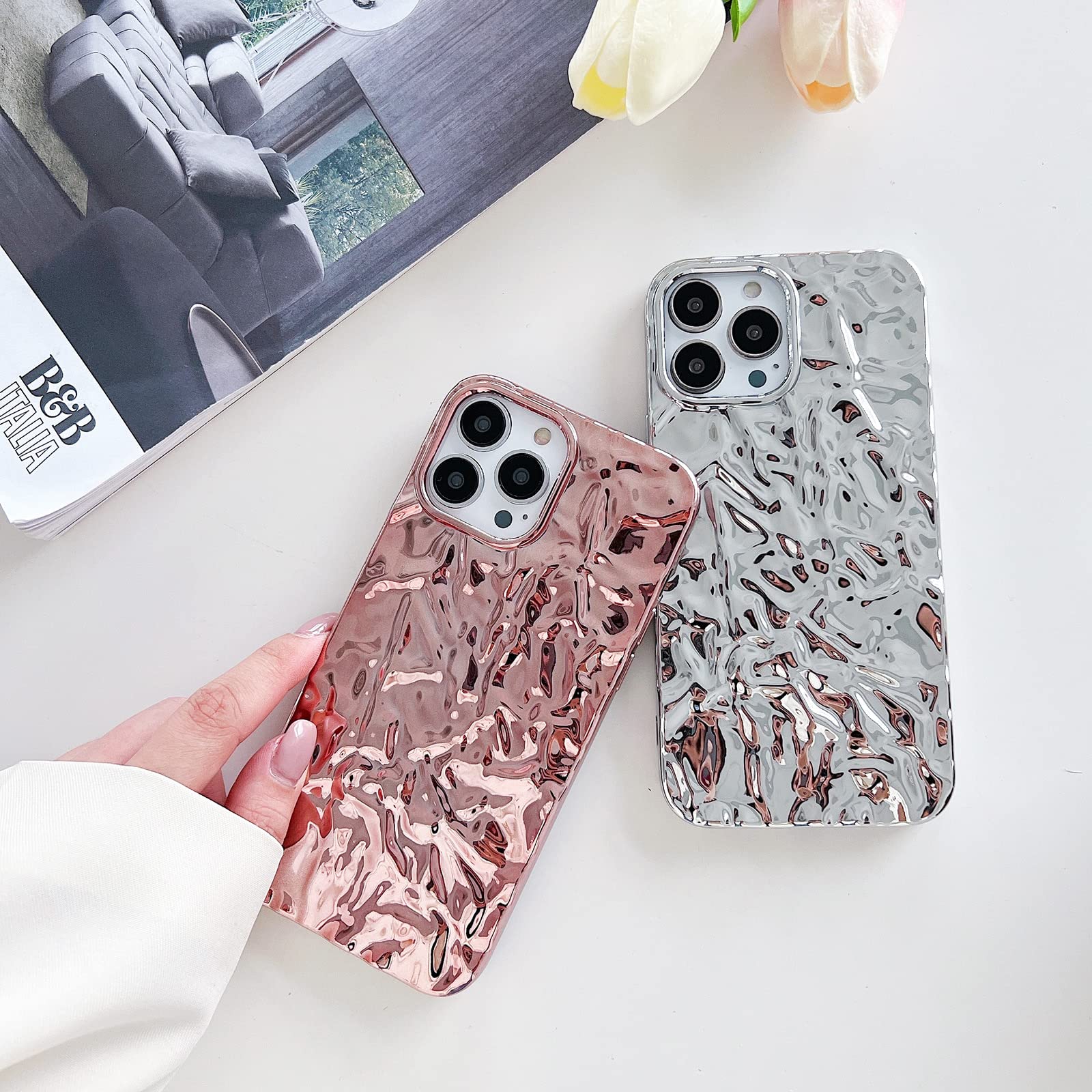 Compatible For Iphone 13 Pro Max Case Luxury Designer Tin Foil Pleated Phone Cover For Women Electroplated Sparkly Silicone Prot