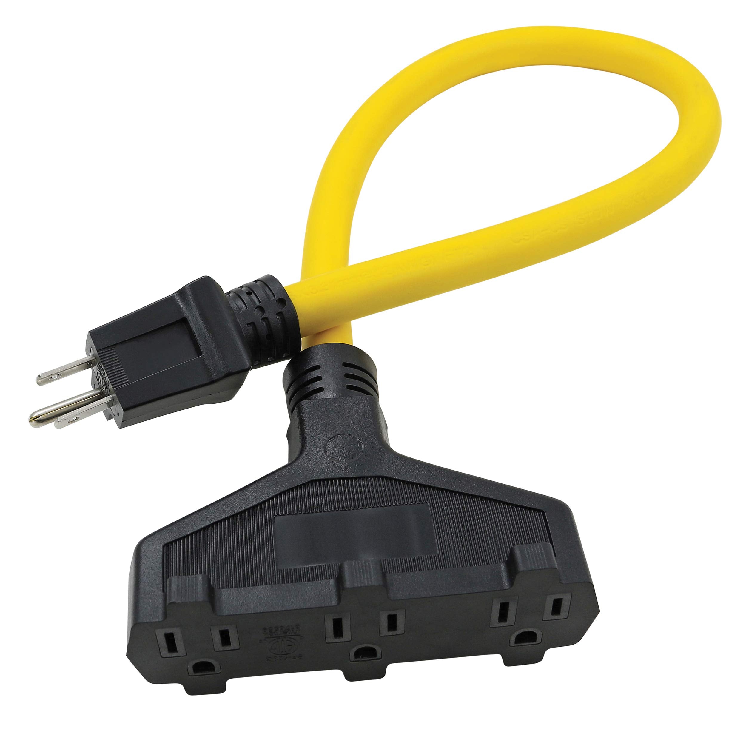 Clear Power 100 Ft 12/3 Sjtw Heavy Duty Outdoor Extension Cord With 2 Ft (Short) 3 Outlet Extension Cord Adapter, 3 Prong Ground