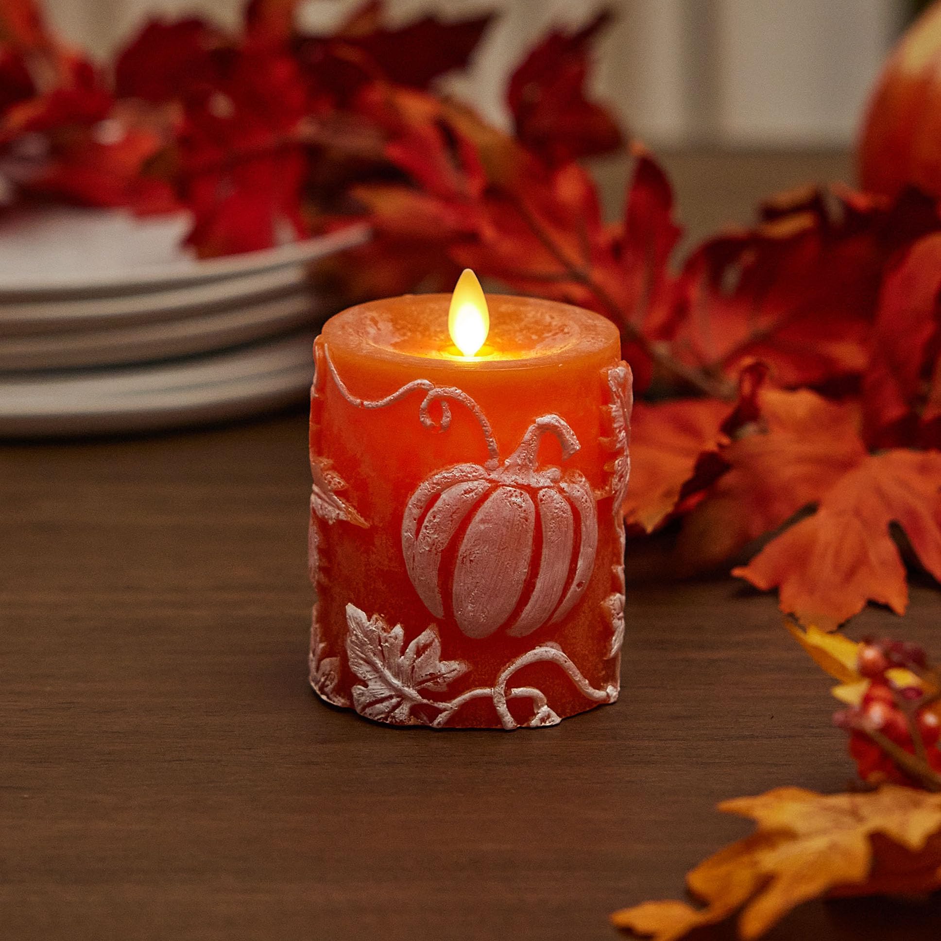 Luminara Embossed Leaves And Pumpkins Moving Flame Pillar Candle 3.25'' X 4.5'' With Recessed Edge Unscented Real Wax Led Batter