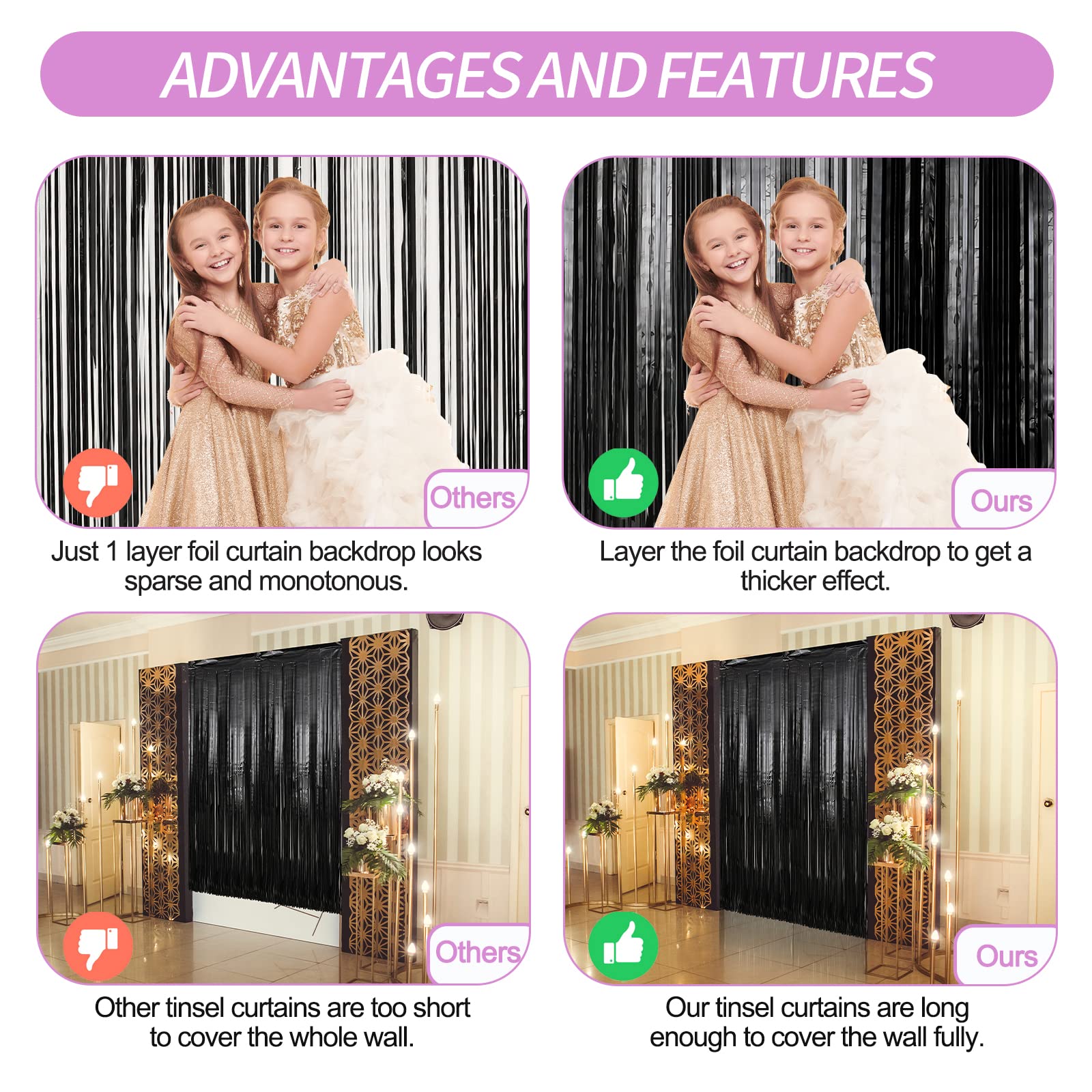Crosize 2 Pack 3.3 X 9.9 Ft Black Foil Fringe Backdrop Curtain, Streamer Backdrop Curtains, Streamers Birthday Party Decorations
