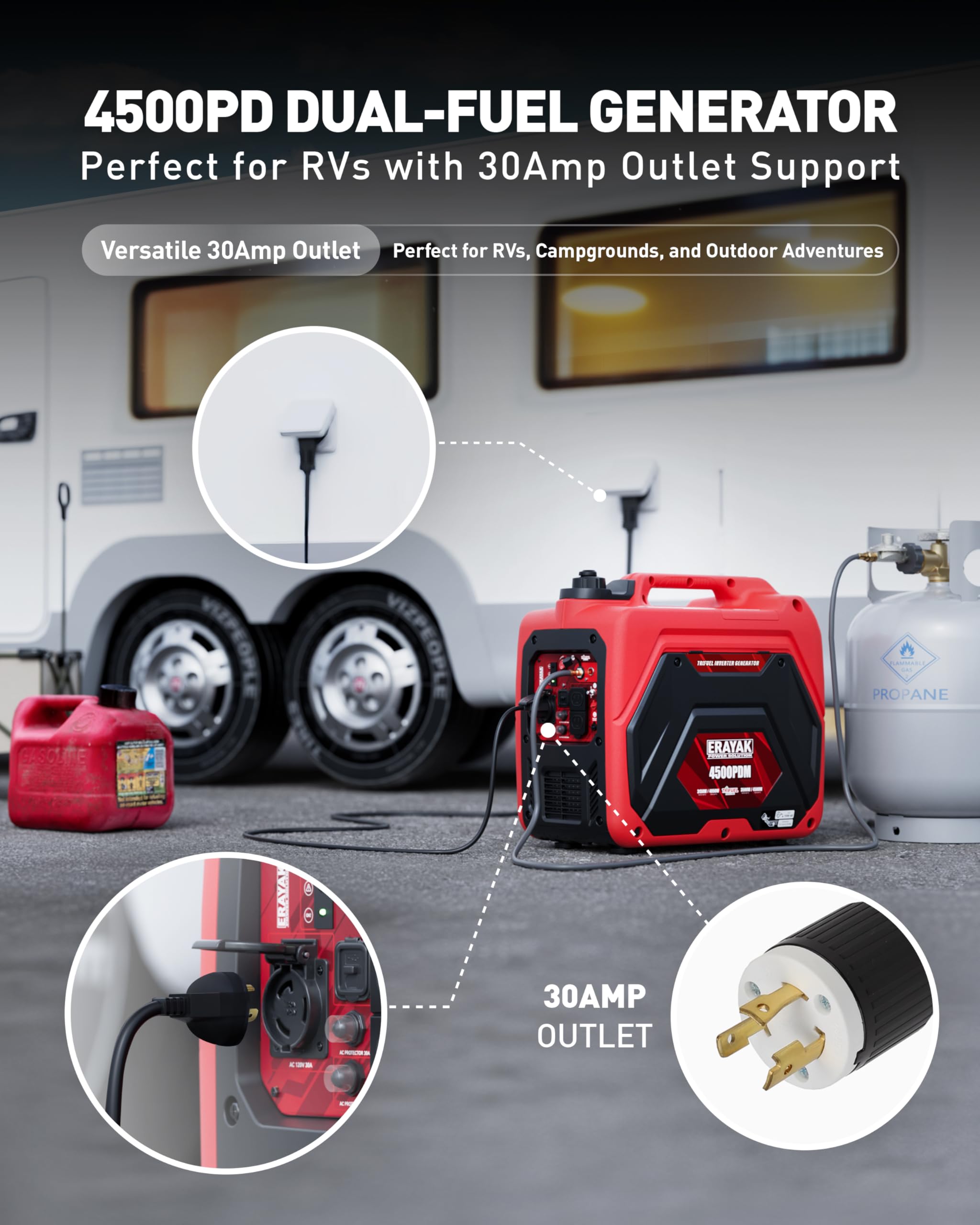 Erayak 4500W Dual-Fuel Portable Inverter Generator For Home Use, Camping Outdoor, 30A Rv Ready, Auto Switch, Gas And Propane Pow